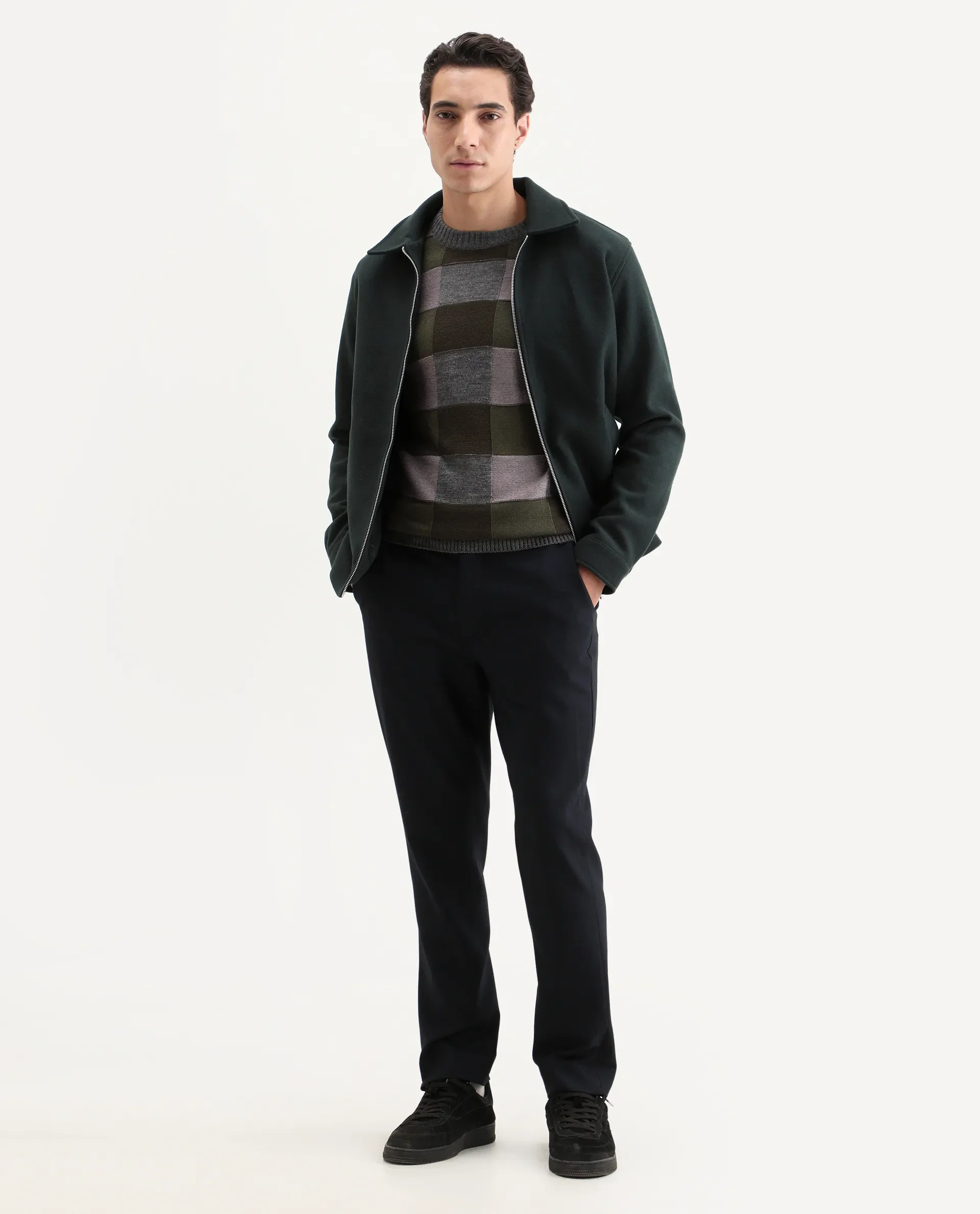 Rare Rabbit Men's Boaz Olive Acrylic Jacquard Regular Fit Full Sleeve Crew Neck Sweater - Image 2