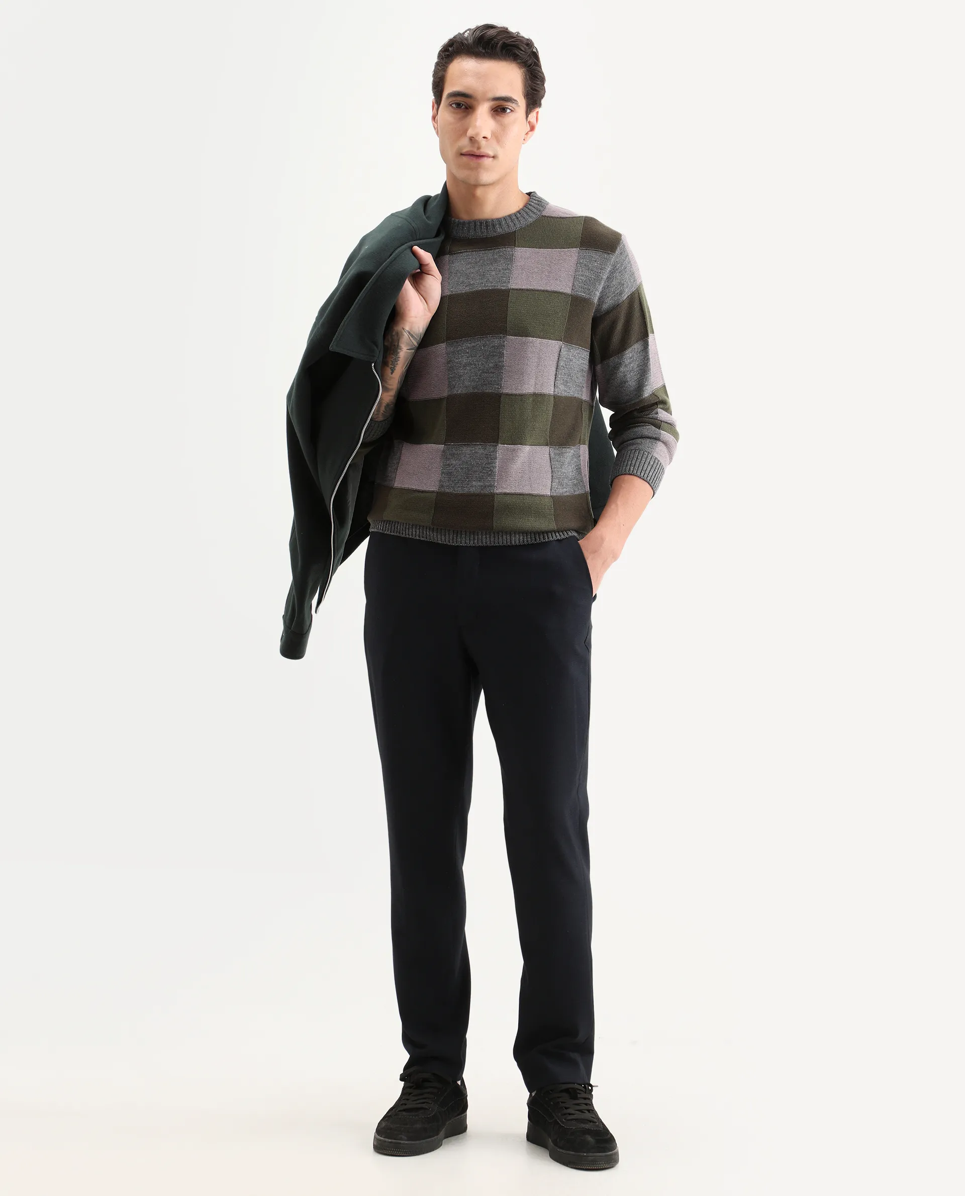 Rare Rabbit Men's Boaz Olive Acrylic Jacquard Regular Fit Full Sleeve Crew Neck Sweater - Image 3