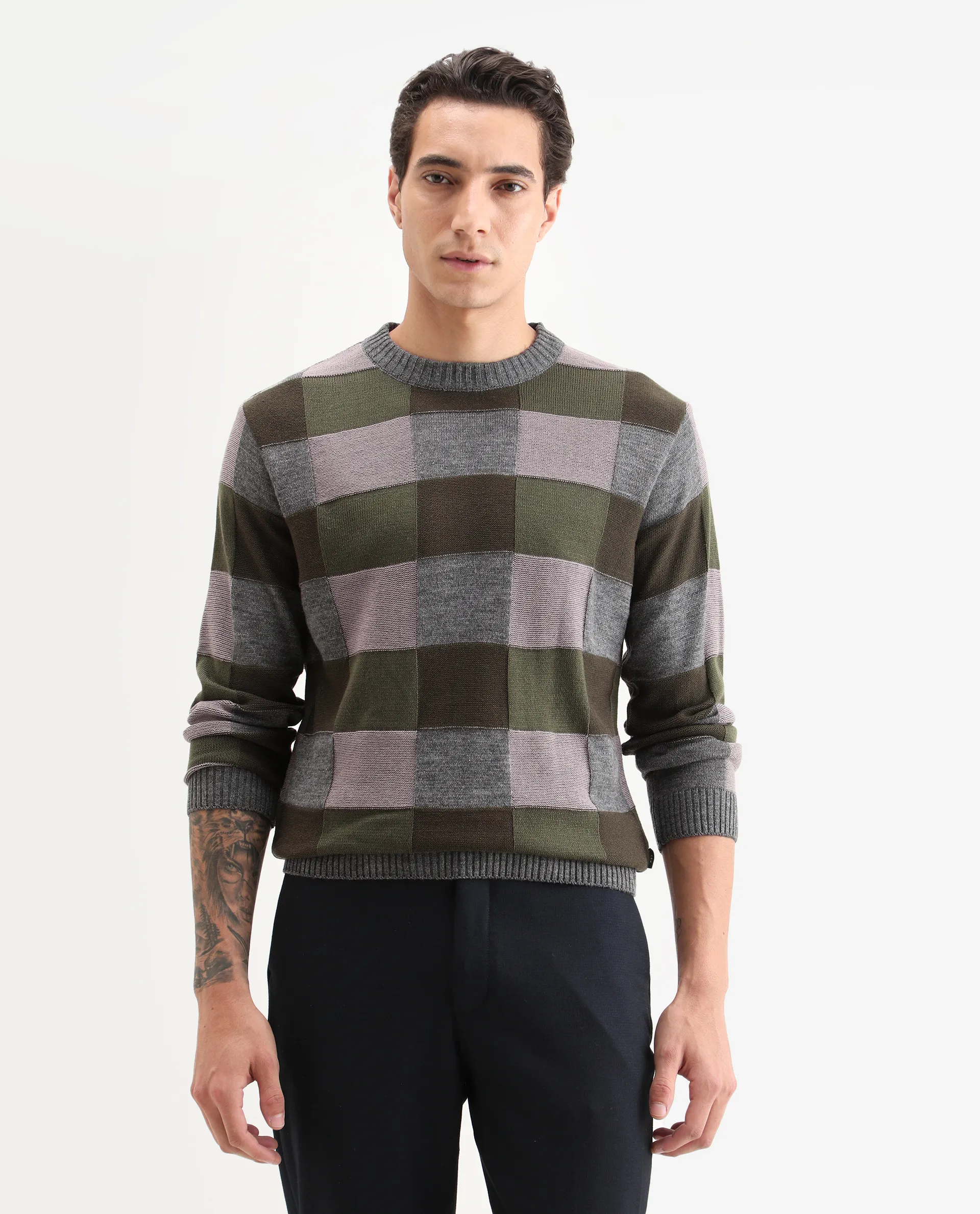 Rare Rabbit Men's Boaz Olive Acrylic Jacquard Regular Fit Full Sleeve Crew Neck Sweater - Image 4
