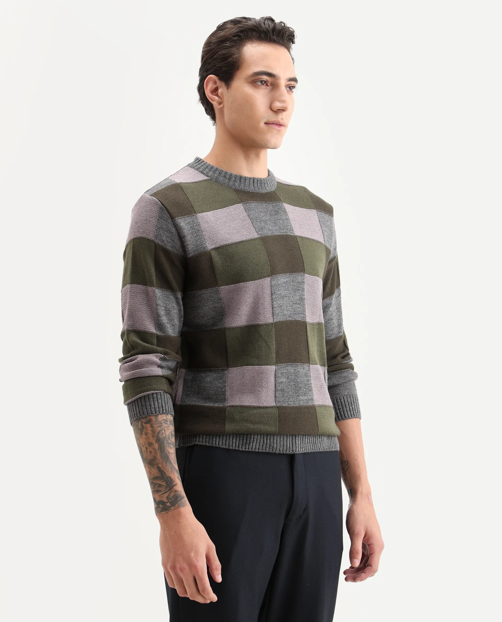 Rare Rabbit Men's Boaz Olive Acrylic Jacquard Regular Fit Full Sleeve Crew Neck Sweater - Image 6