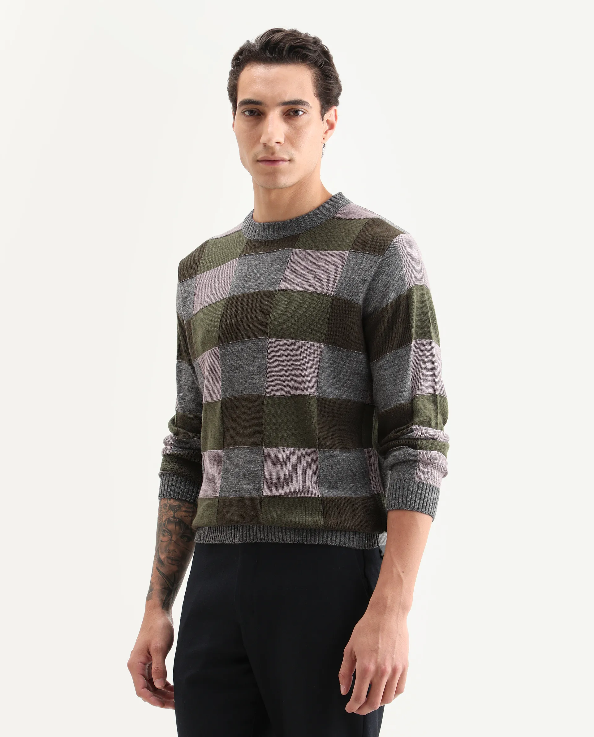 Rare Rabbit Men's Boaz Olive Acrylic Jacquard Regular Fit Full Sleeve Crew Neck Sweater - Image 7