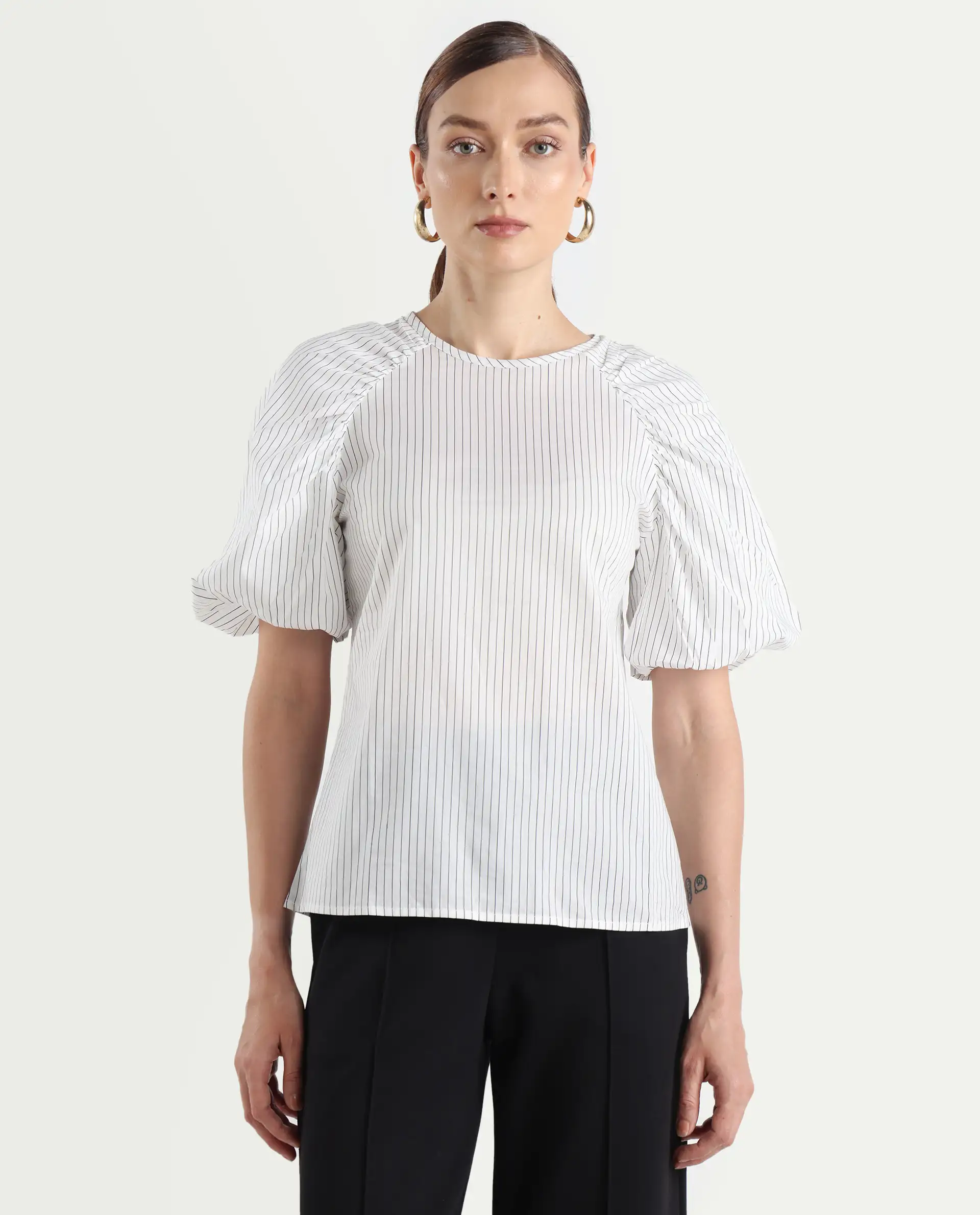 Rareism Women's Bobb White Cotton Drop Collar Striped Raglan Sleeve Regular Fit Top - Image 3