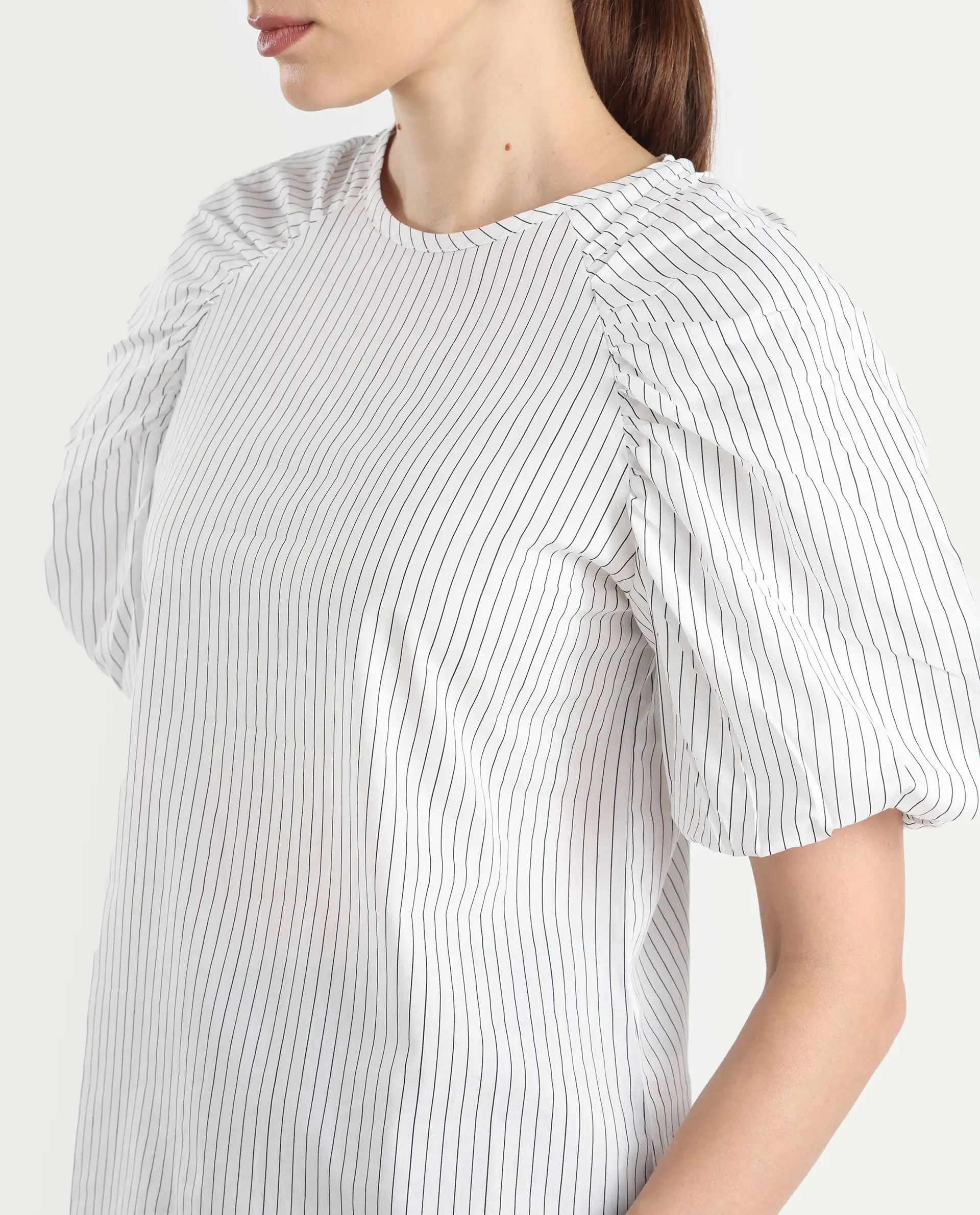 Rareism Women's Bobb White Cotton Drop Collar Striped Raglan Sleeve Regular Fit Top - Image 4