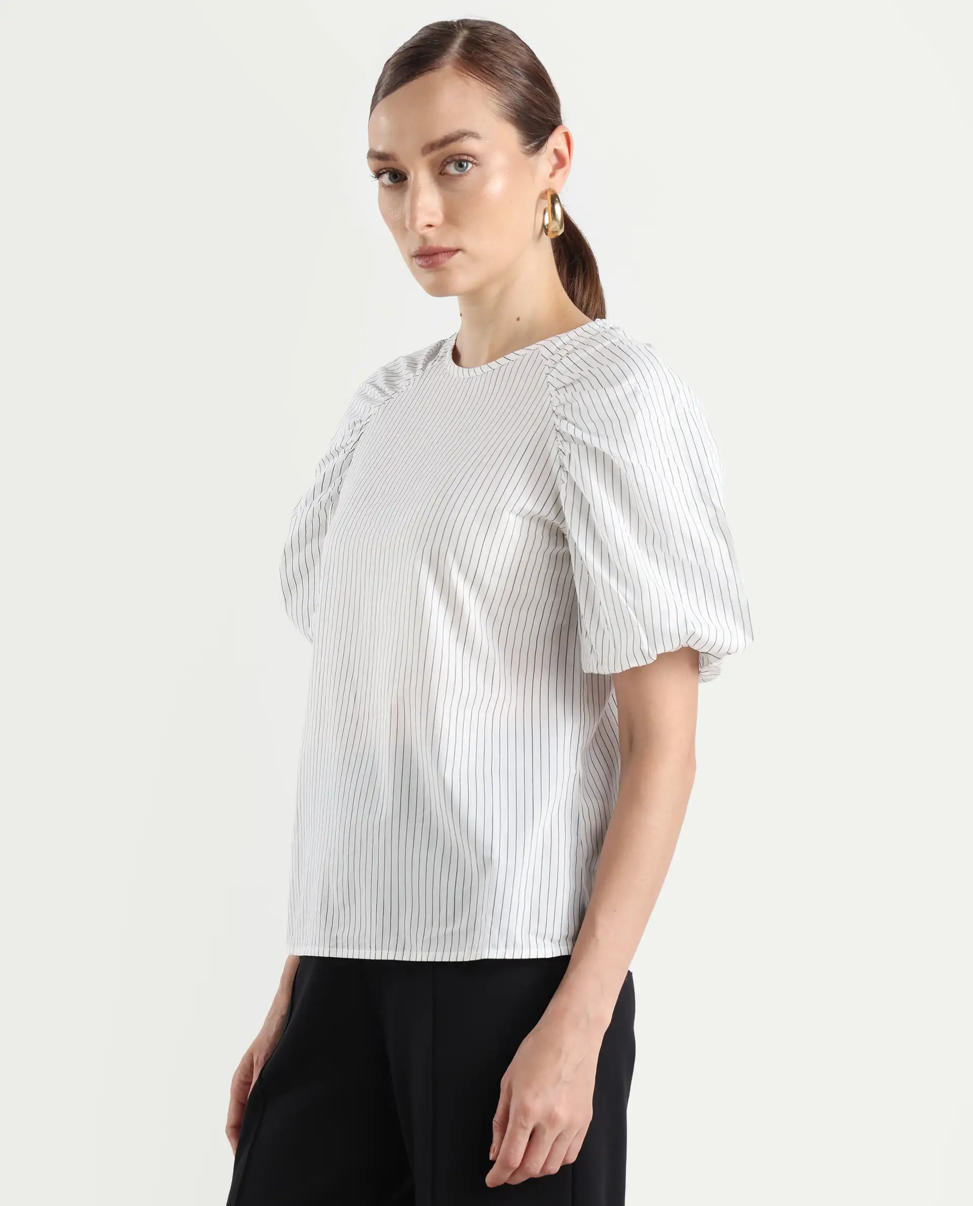 Rareism Women's Bobb White Cotton Drop Collar Striped Raglan Sleeve Regular Fit Top - Image 5