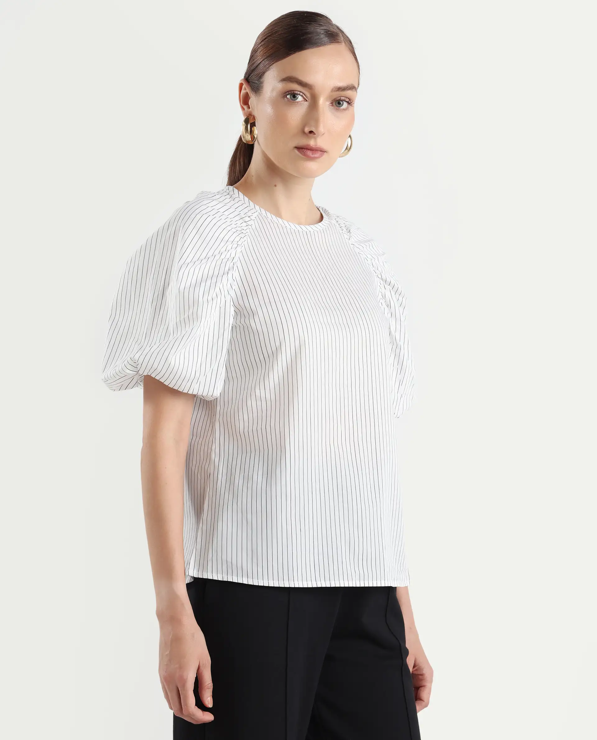 Rareism Women's Bobb White Cotton Drop Collar Striped Raglan Sleeve Regular Fit Top - Image 6