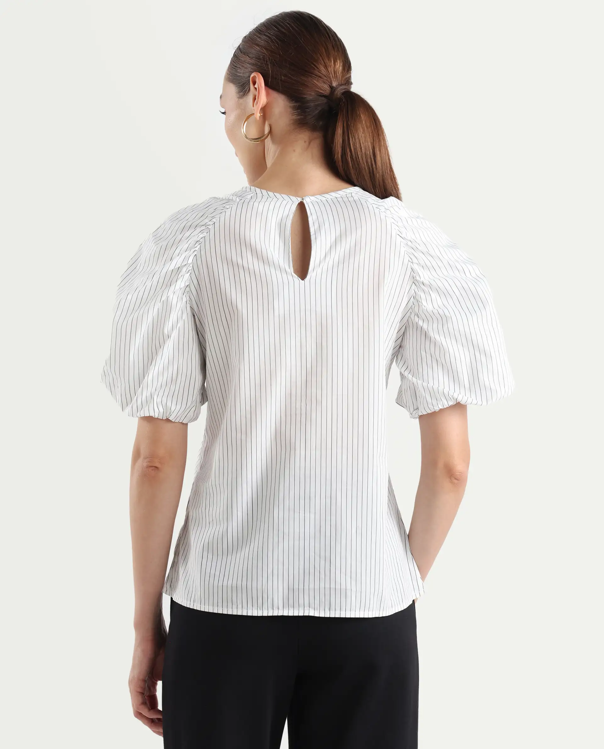 Rareism Women's Bobb White Cotton Drop Collar Striped Raglan Sleeve Regular Fit Top - Image 7