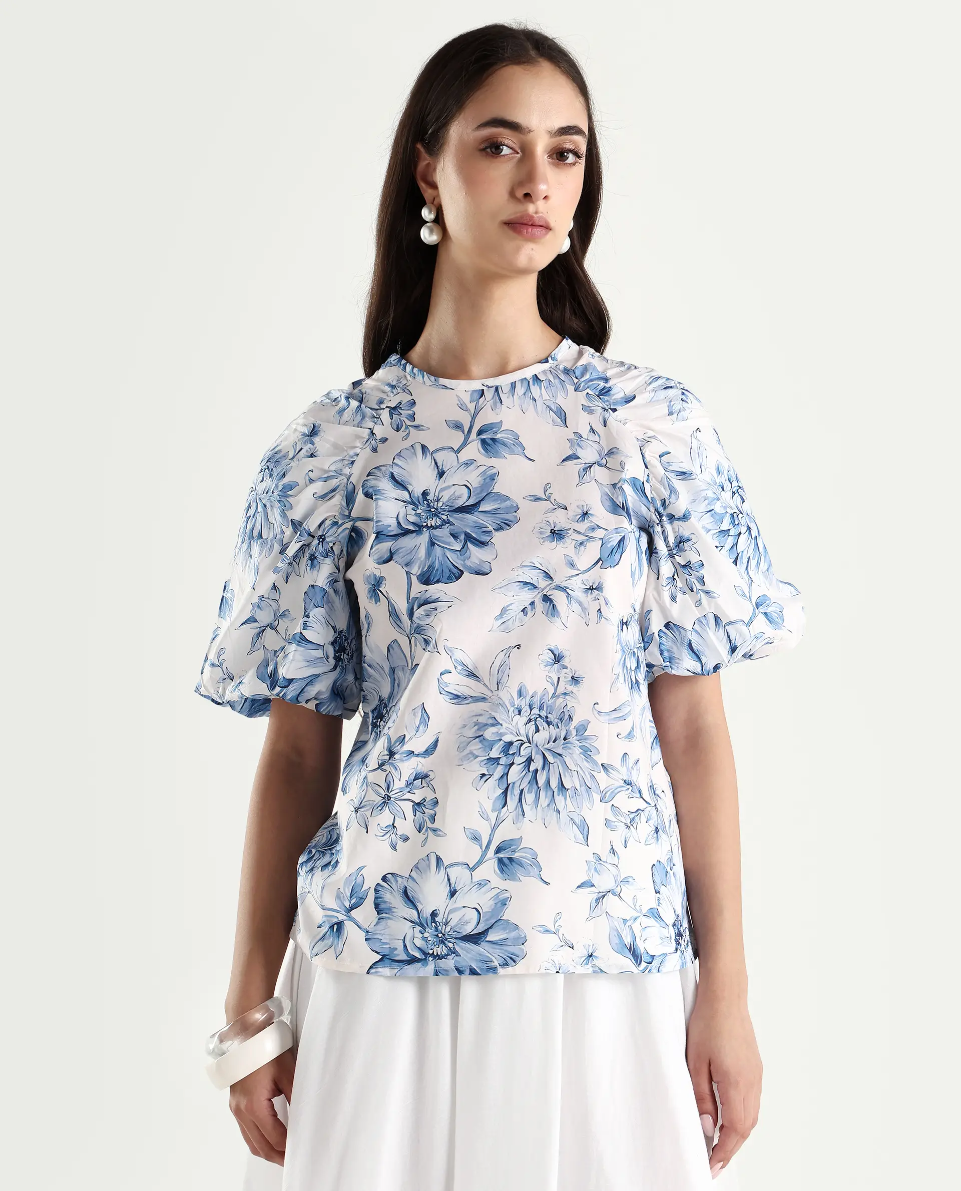 Rareism Women's Bobbie Blue Cotton Drop Collar Floral Print Raglan Sleeve Regular Fit Top - Image 4