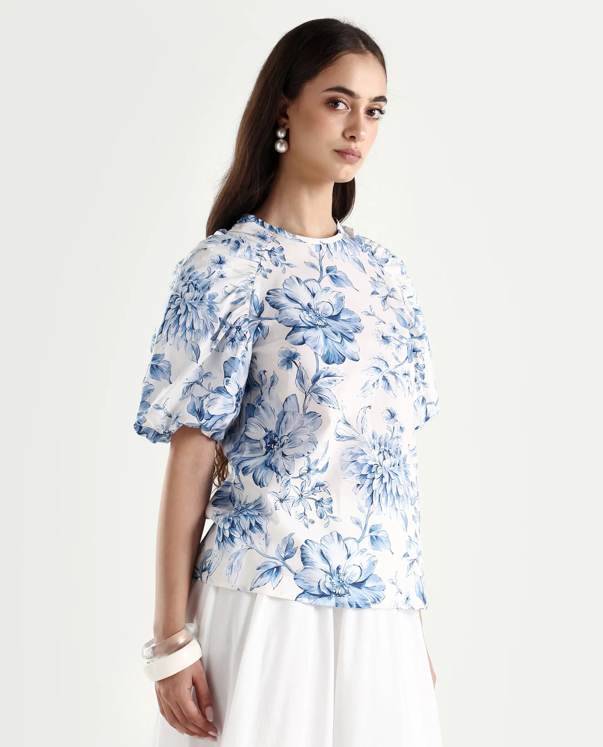 Rareism Women's Bobbie Blue Cotton Drop Collar Floral Print Raglan Sleeve Regular Fit Top - Image 5