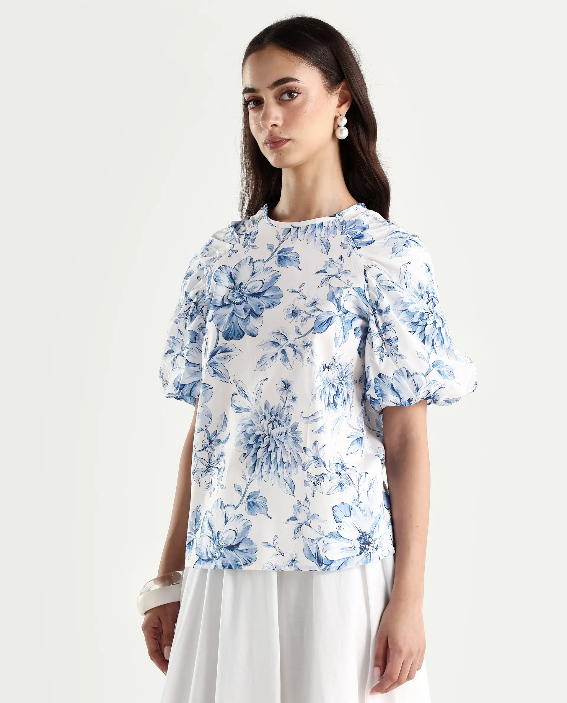 Rareism Women's Bobbie Blue Cotton Drop Collar Floral Print Raglan Sleeve Regular Fit Top - Image 6