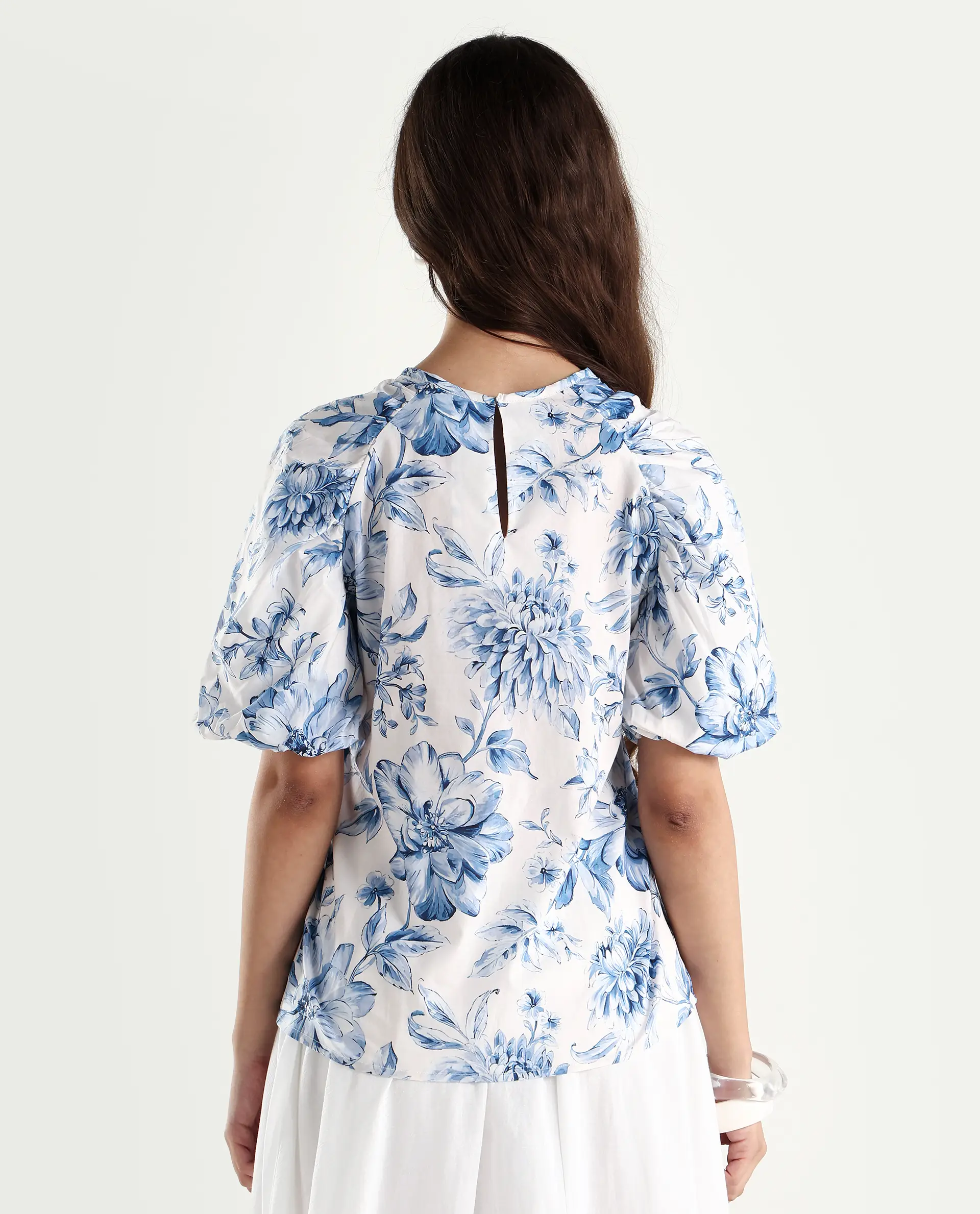 Rareism Women's Bobbie Blue Cotton Drop Collar Floral Print Raglan Sleeve Regular Fit Top - Image 7