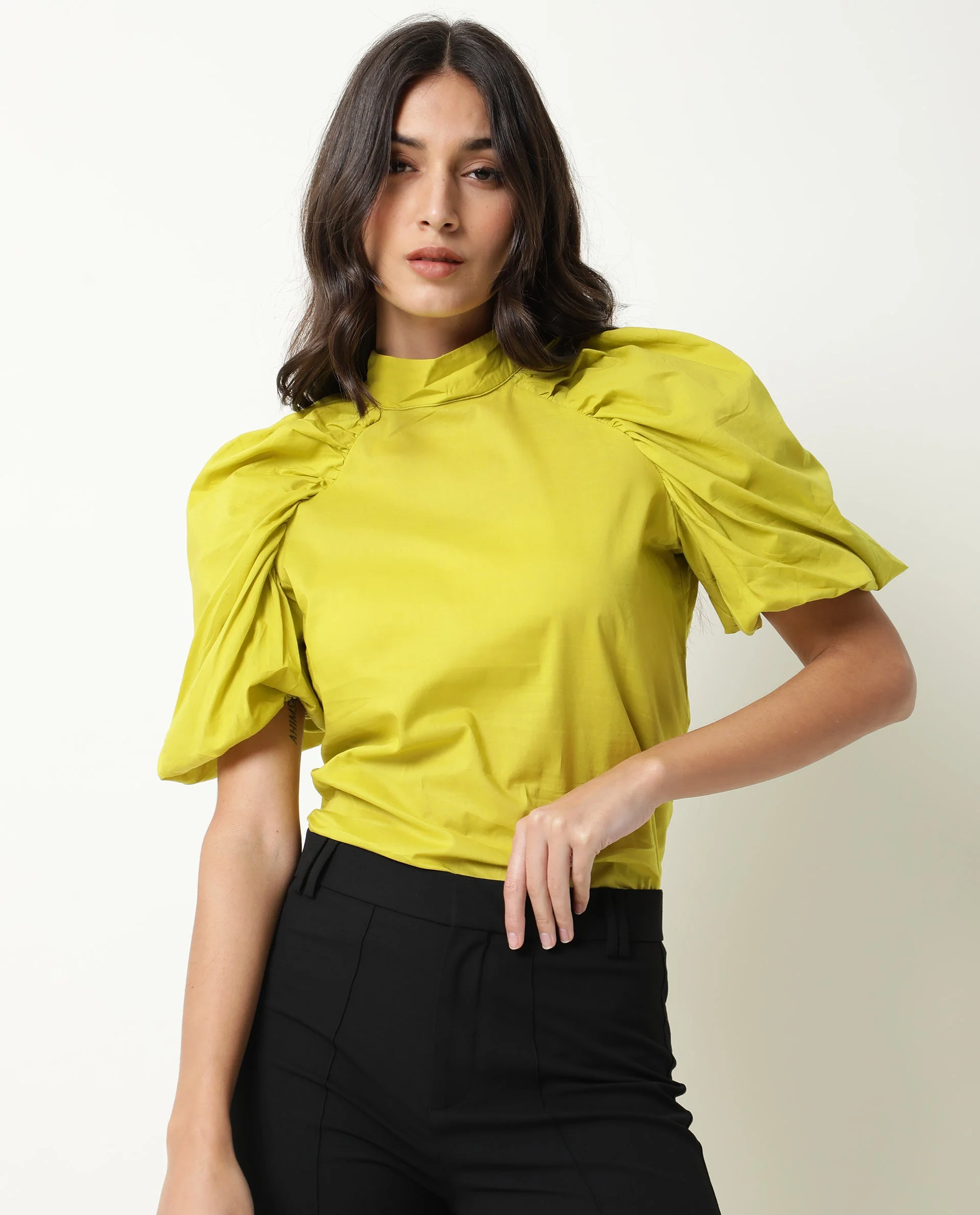 Rareism Women's Bobby Green Cotton High Neck Plain Balloon Sleeve Regular Fit Top