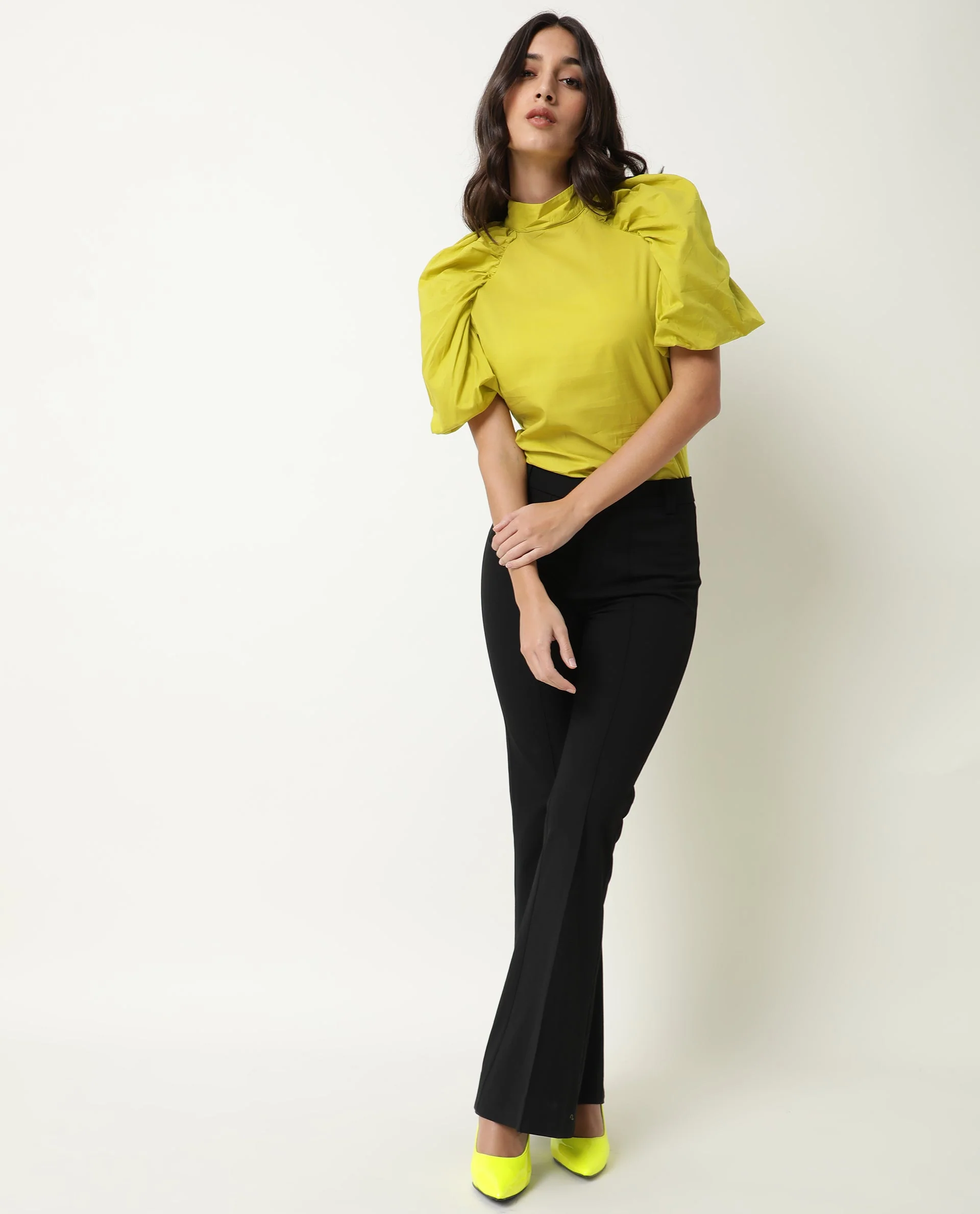 Rareism Women's Bobby Green Cotton High Neck Plain Balloon Sleeve Regular Fit Top - Image 2