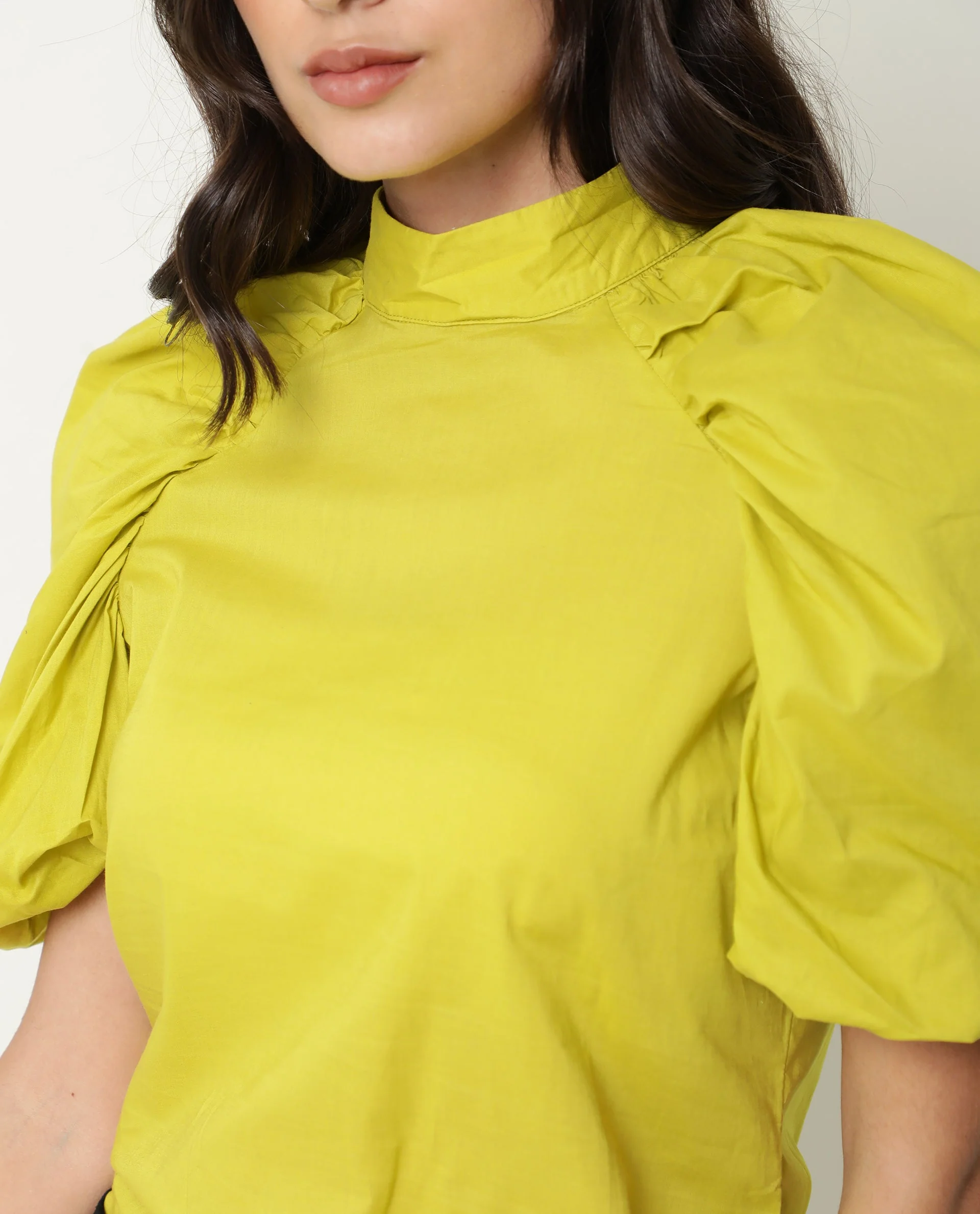 Rareism Women's Bobby Green Cotton High Neck Plain Balloon Sleeve Regular Fit Top - Image 3