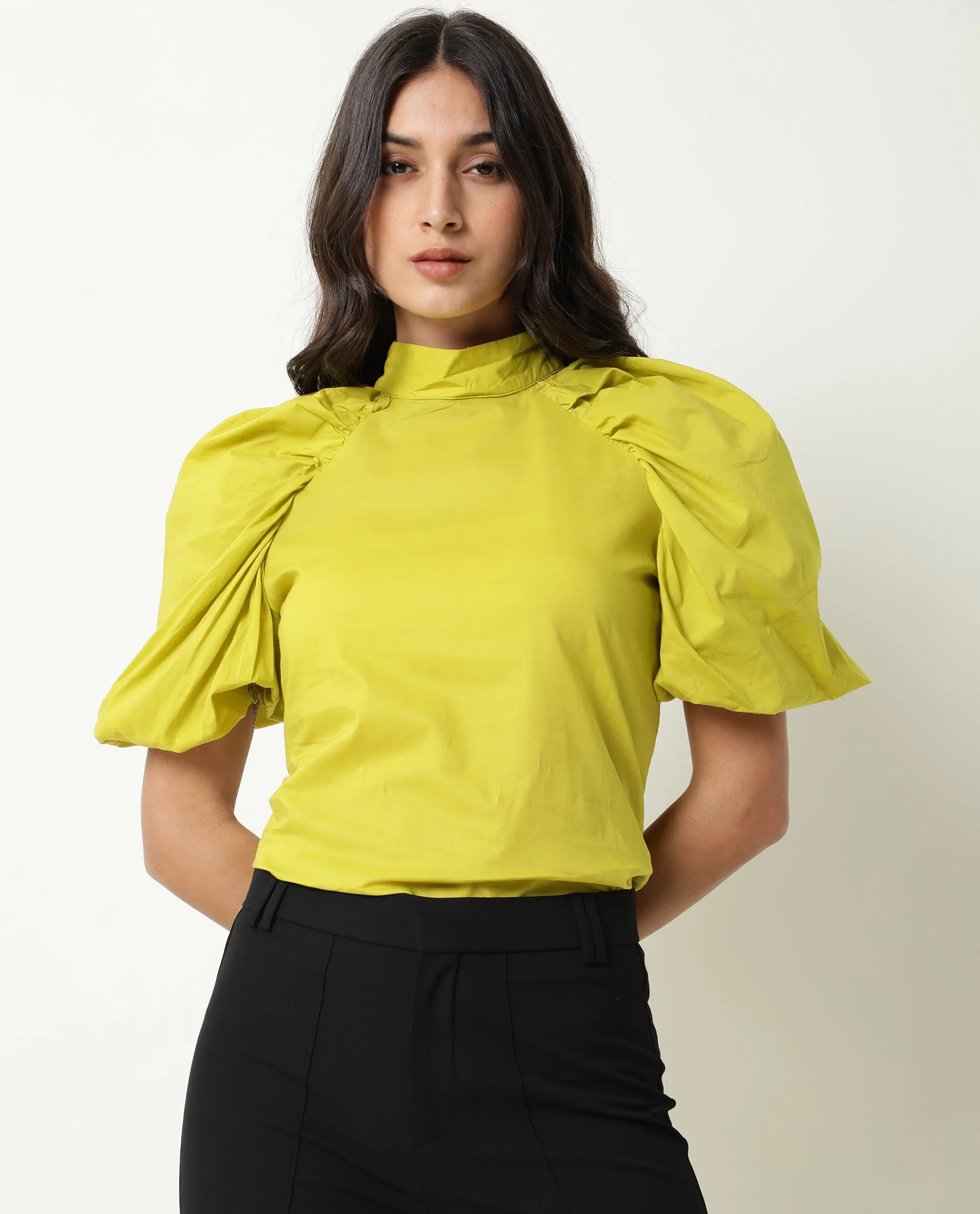 Rareism Women's Bobby Green Cotton High Neck Plain Balloon Sleeve Regular Fit Top - Image 4