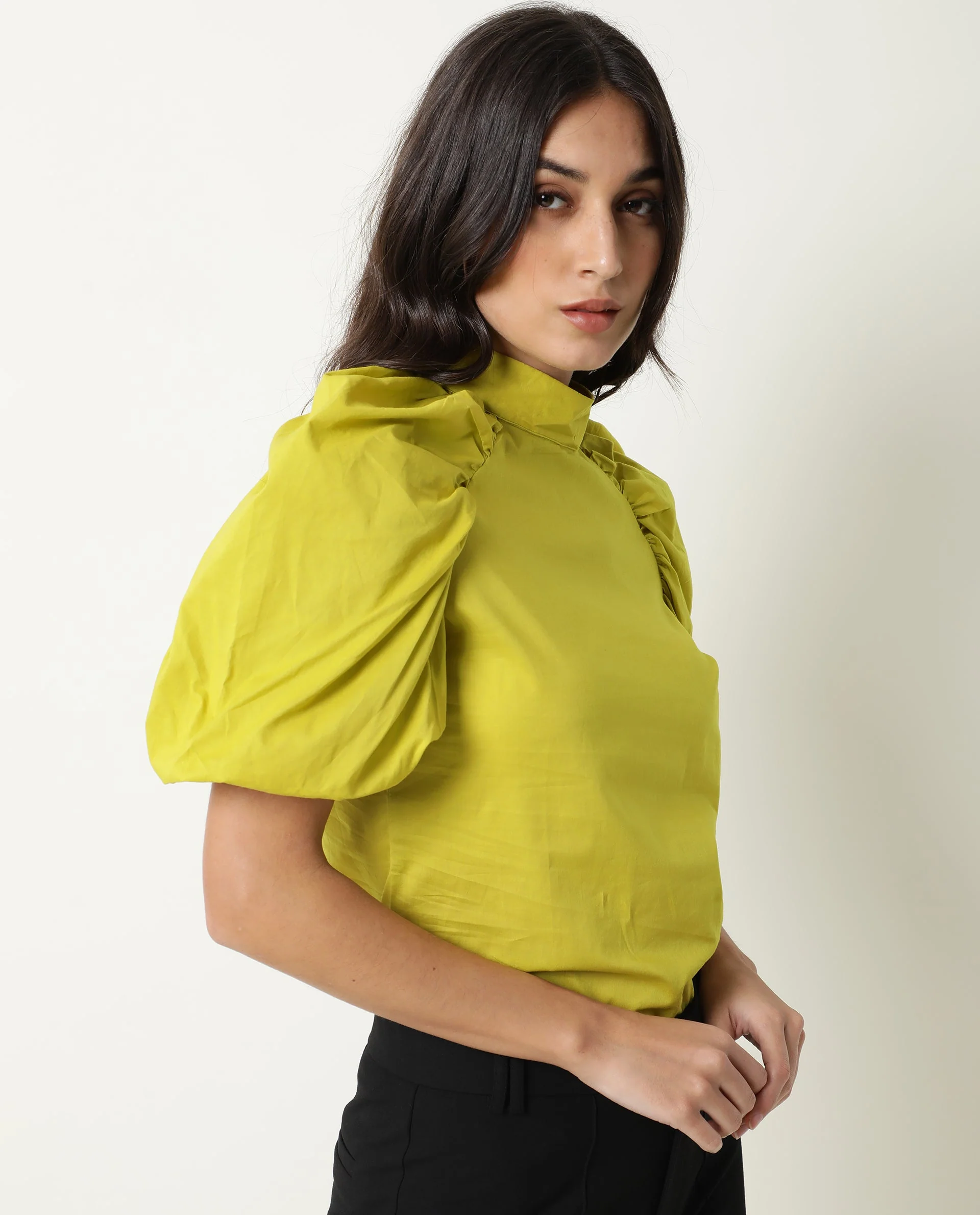 Rareism Women's Bobby Green Cotton High Neck Plain Balloon Sleeve Regular Fit Top - Image 5