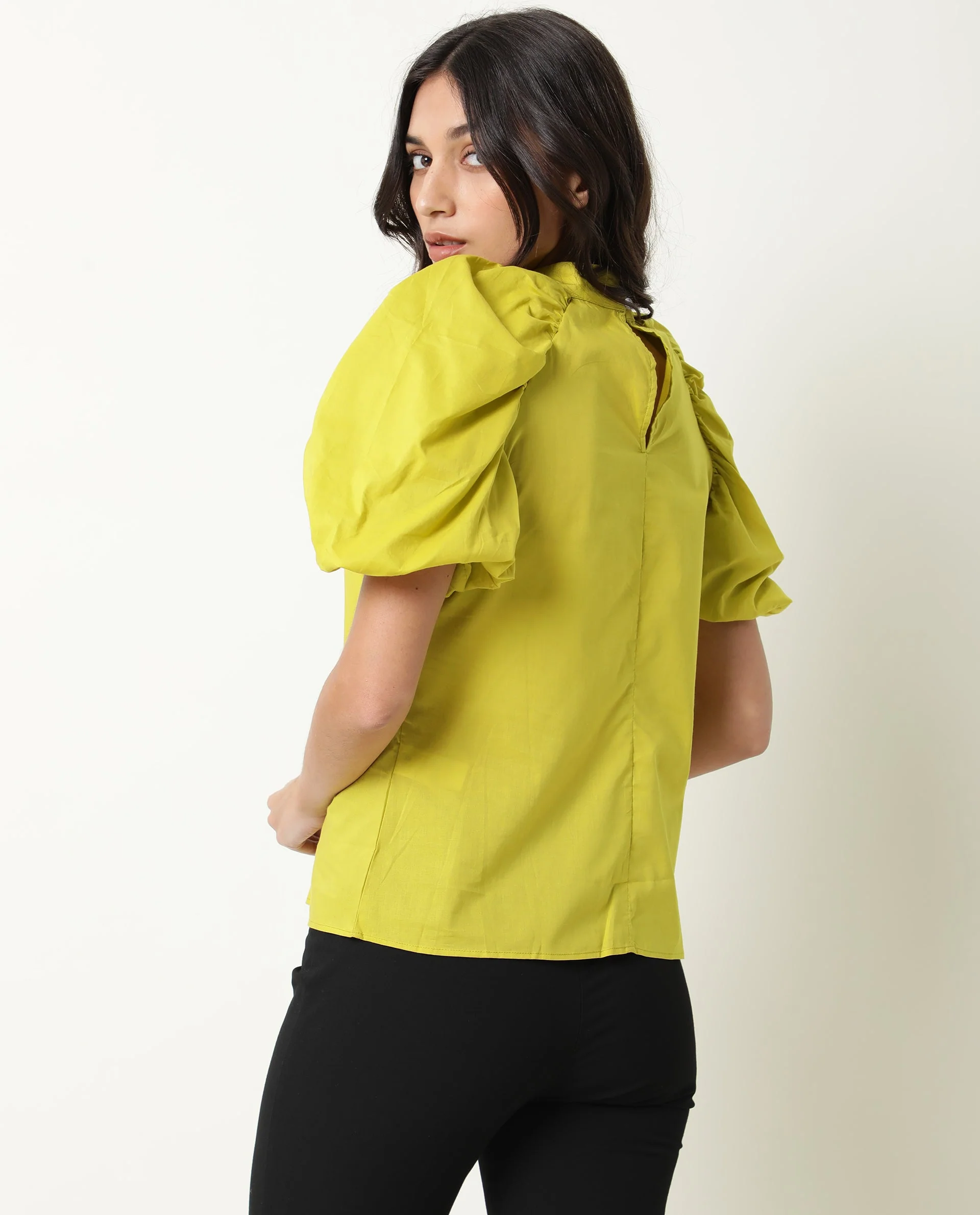 Rareism Women's Bobby Green Cotton High Neck Plain Balloon Sleeve Regular Fit Top - Image 6