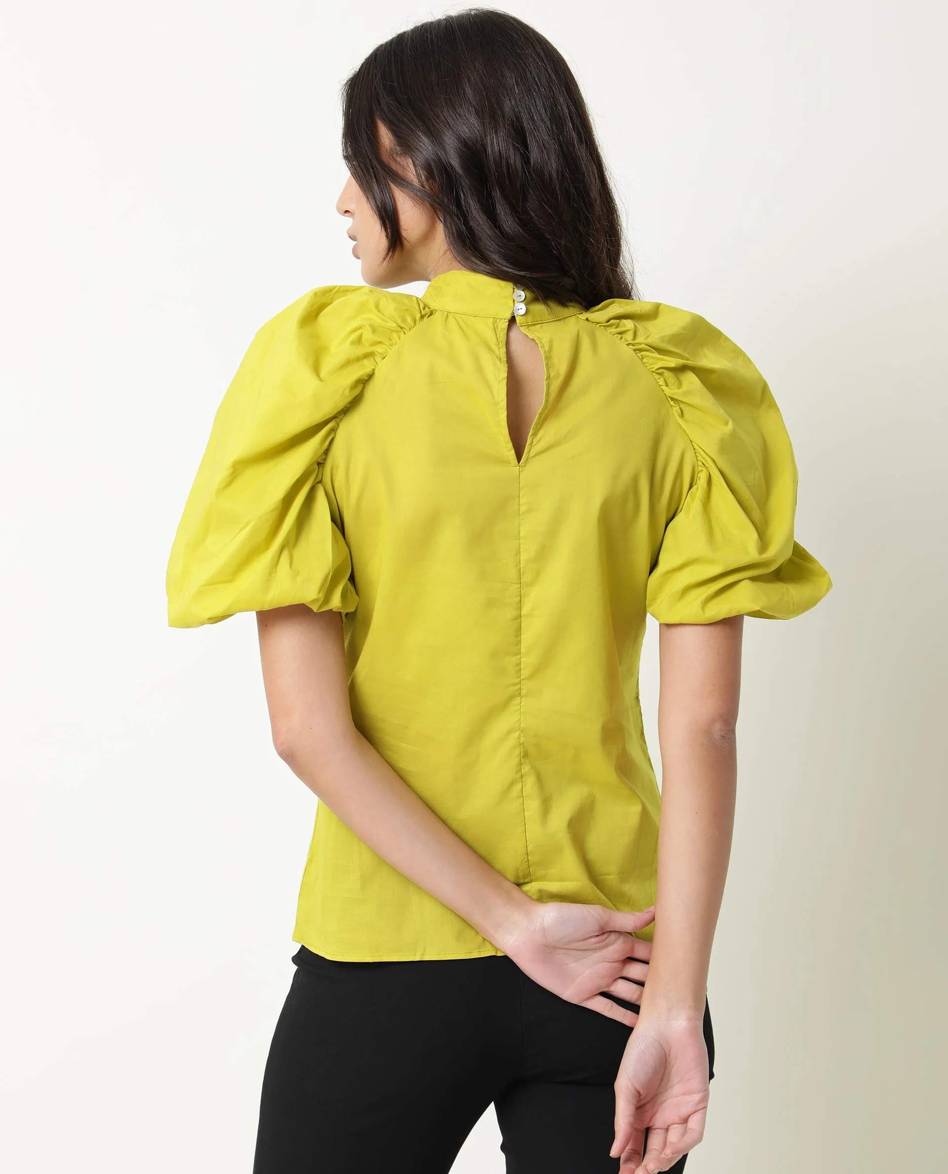 Rareism Women's Bobby Green Cotton High Neck Plain Balloon Sleeve Regular Fit Top - Image 7