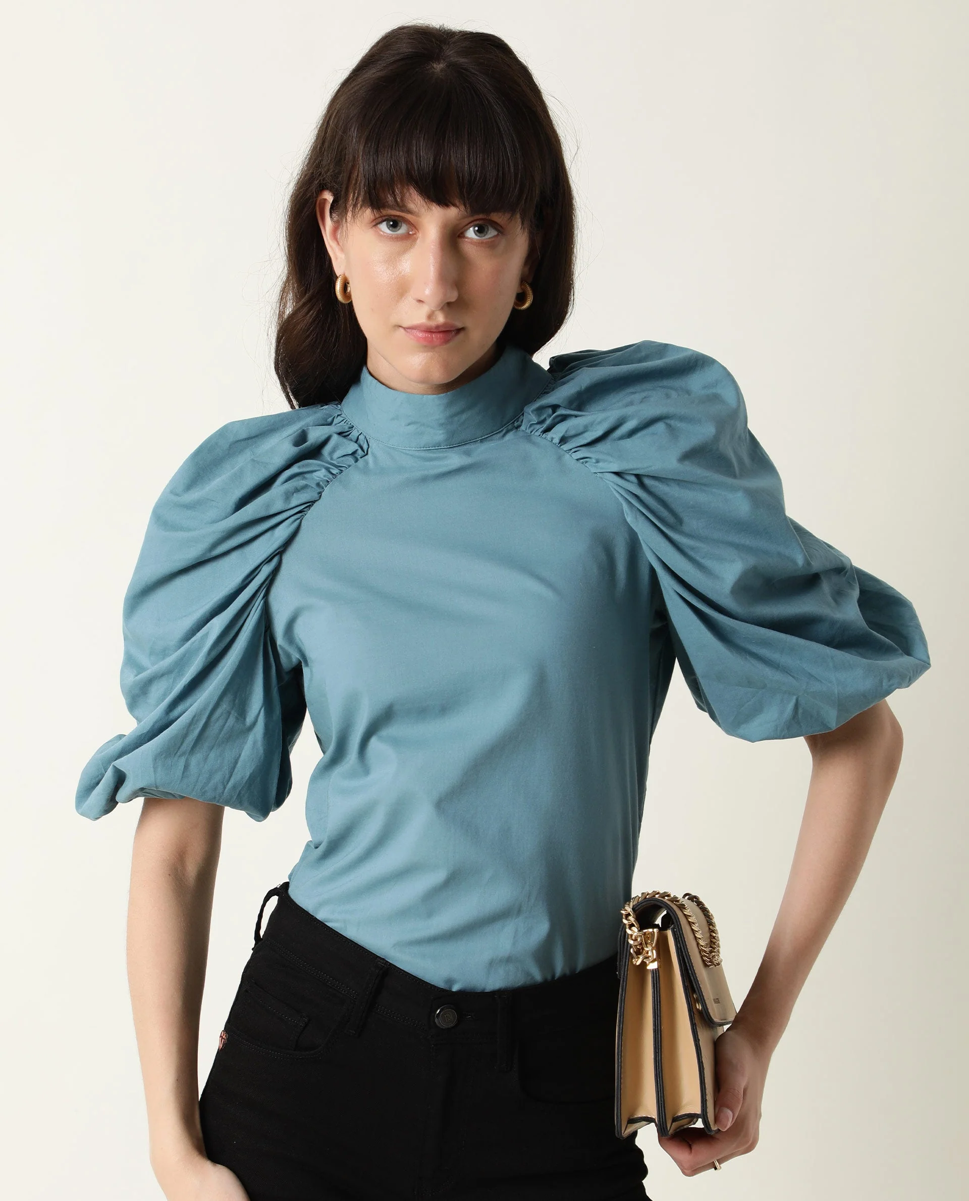 Rareism Womens Bobby Blue Top Cotton Fabric Half Sleeve High Neck
