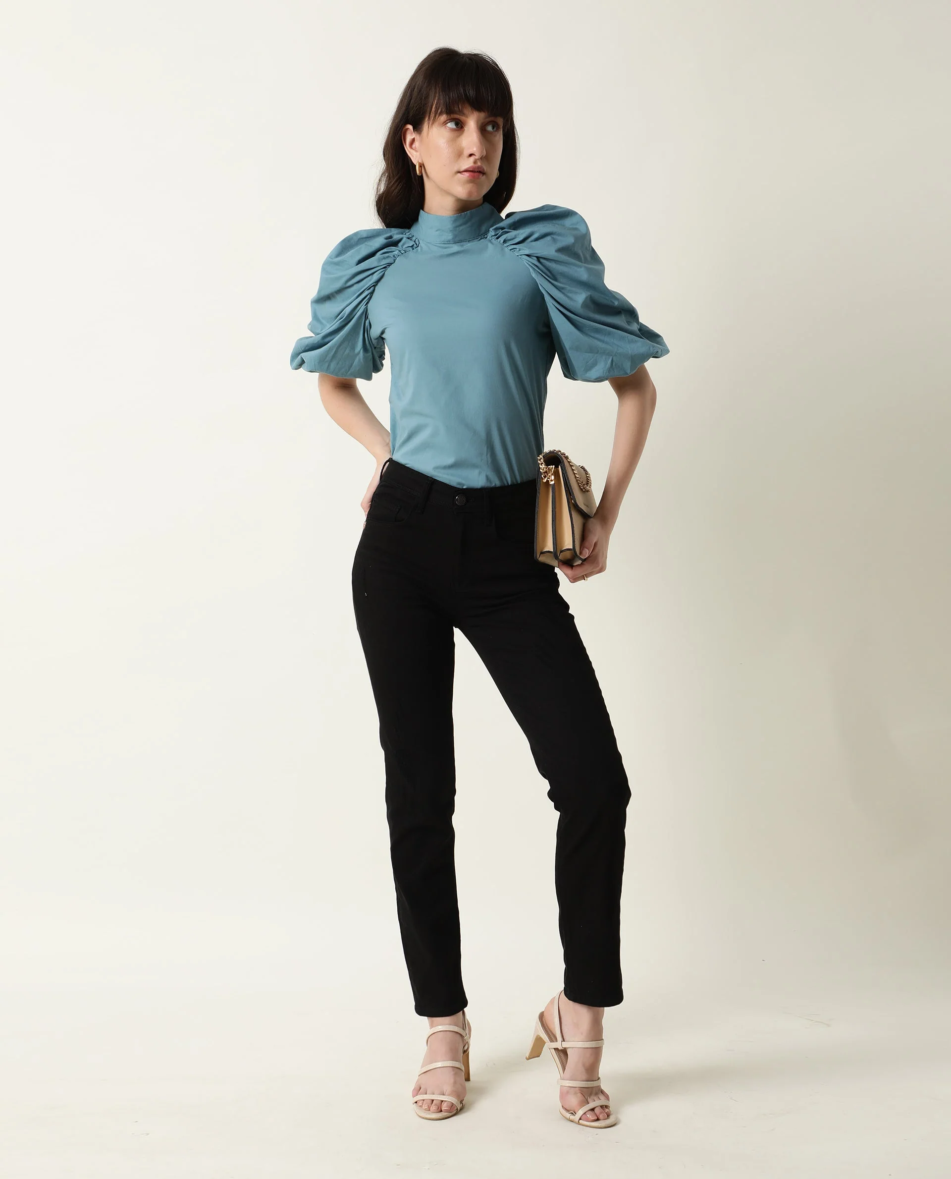 Rareism Womens Bobby Blue Top Cotton Fabric Half Sleeve High Neck - Image 2
