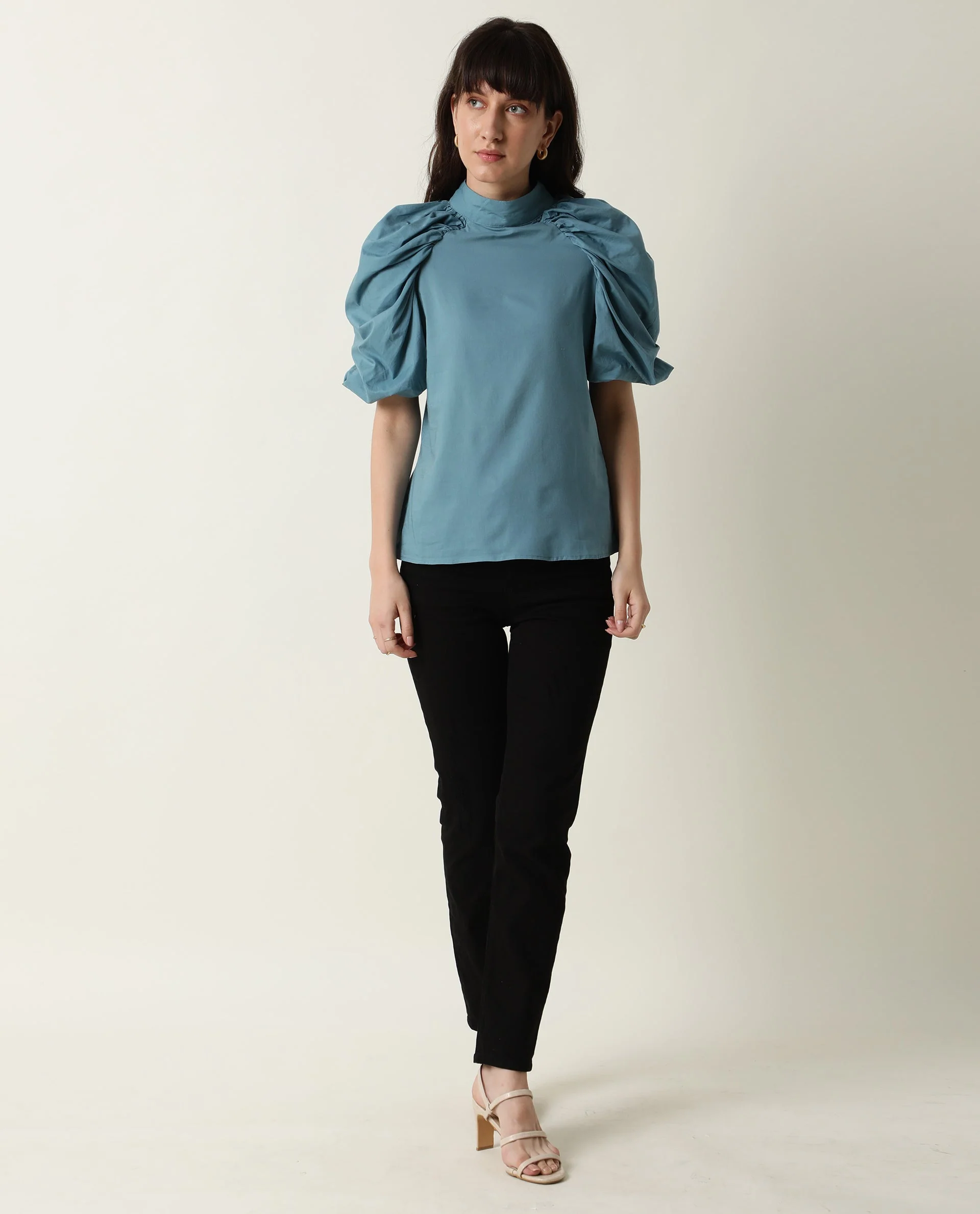 Rareism Womens Bobby Blue Top Cotton Fabric Half Sleeve High Neck - Image 3