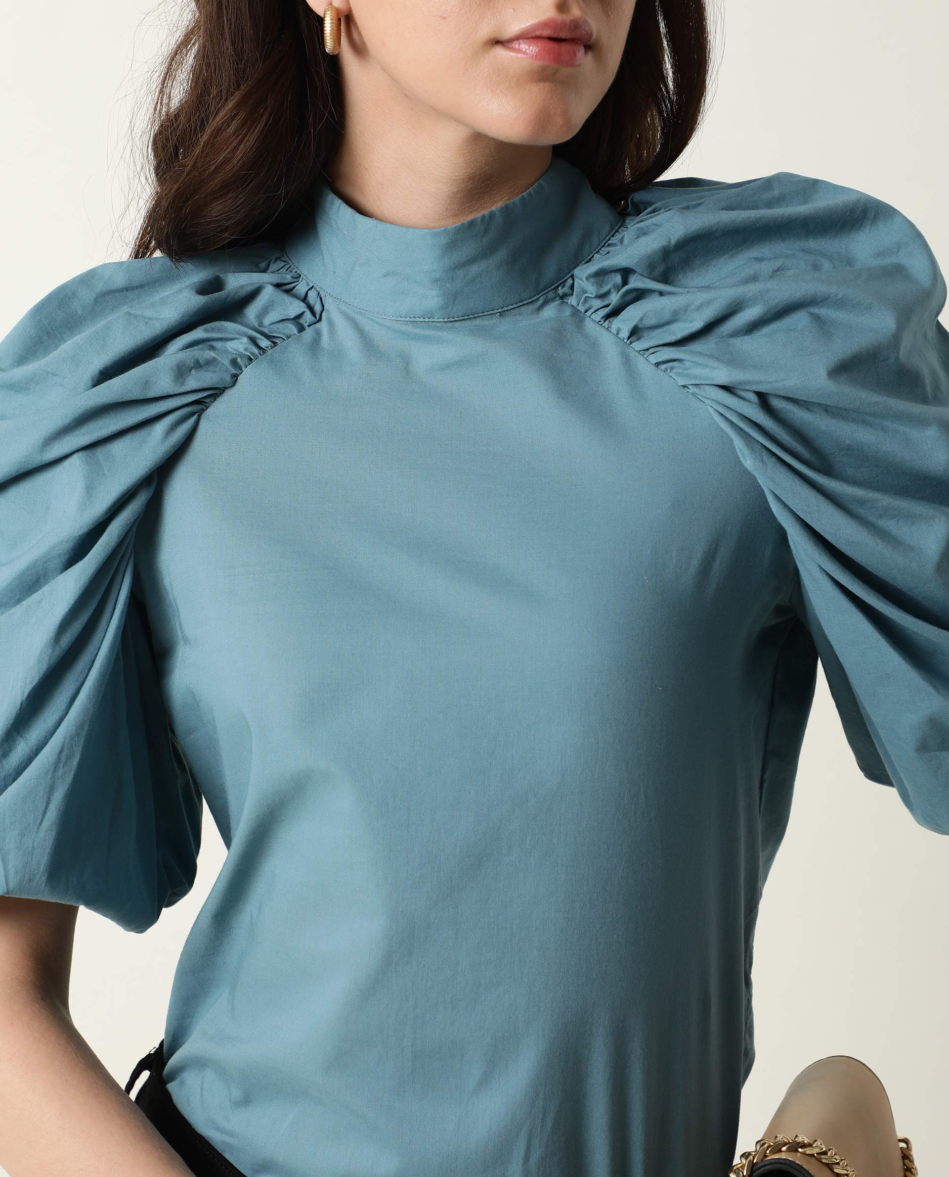 Rareism Womens Bobby Blue Top Cotton Fabric Half Sleeve High Neck - Image 4