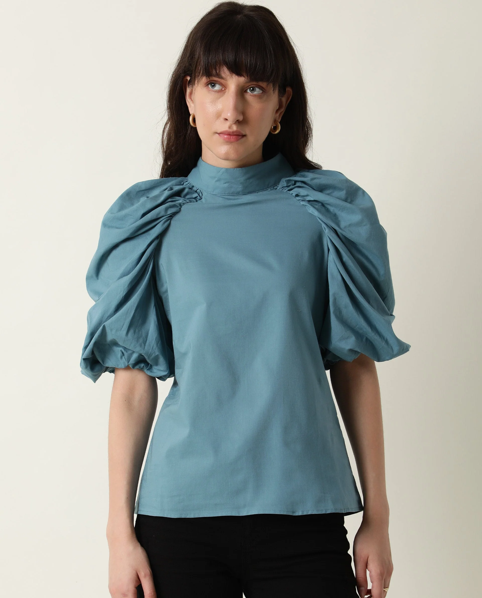 Rareism Womens Bobby Blue Top Cotton Fabric Half Sleeve High Neck - Image 5