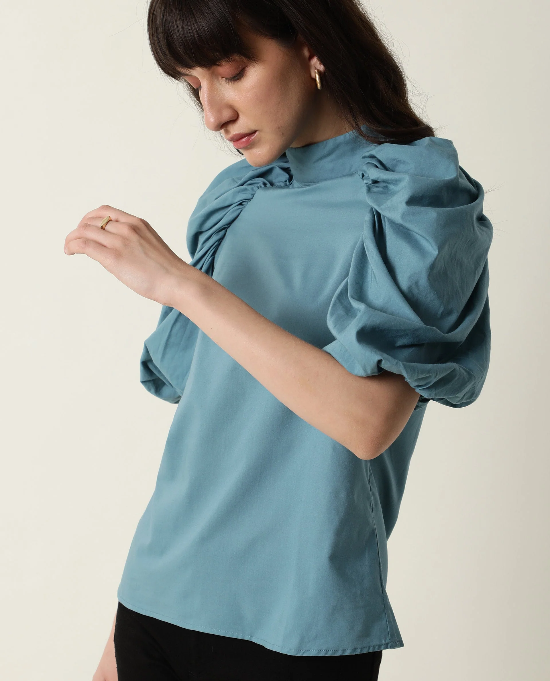 Rareism Womens Bobby Blue Top Cotton Fabric Half Sleeve High Neck - Image 6