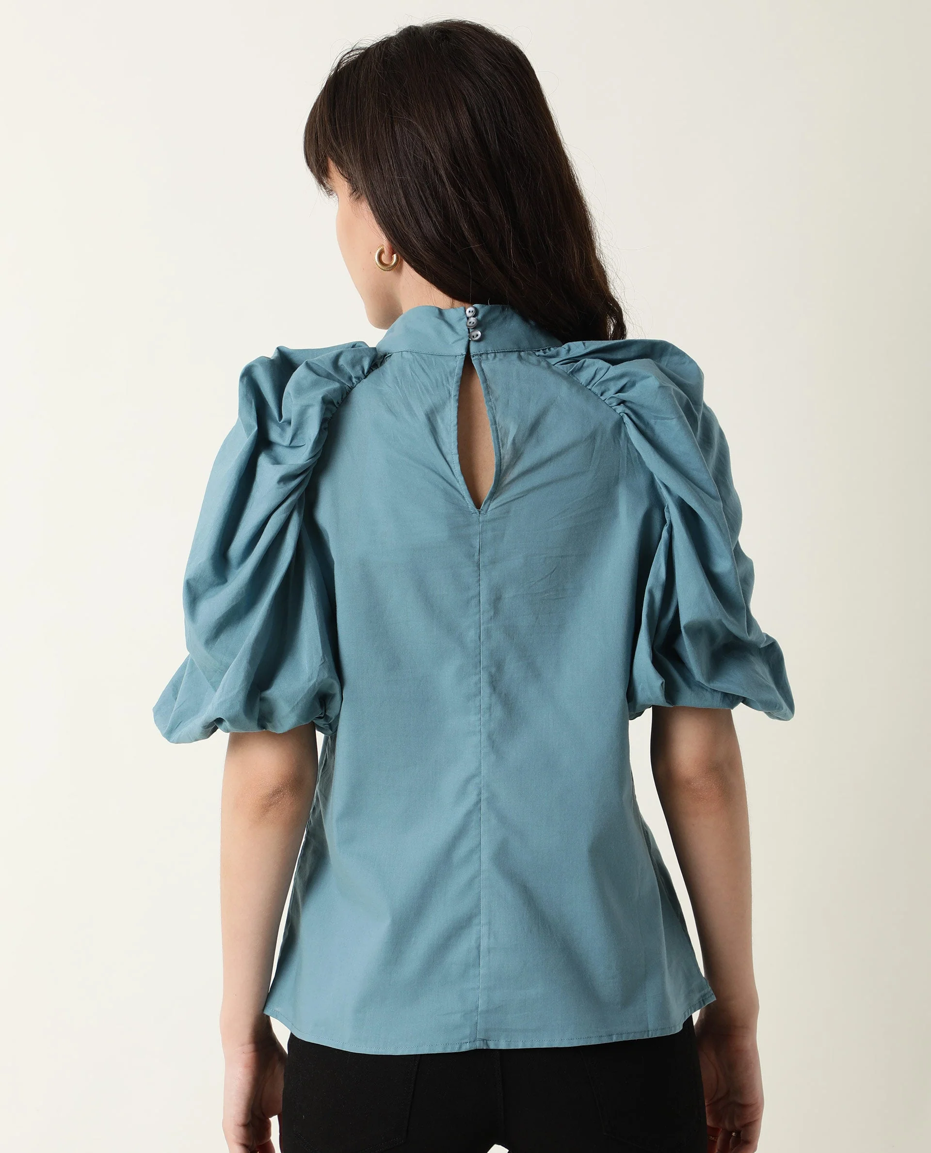 Rareism Womens Bobby Blue Top Cotton Fabric Half Sleeve High Neck - Image 7