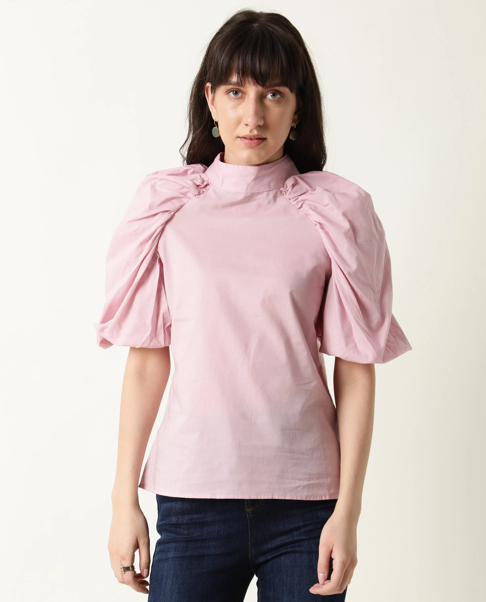 Rareism Womens Bobby Pink Top Cotton Fabric Half Sleeve High Neck