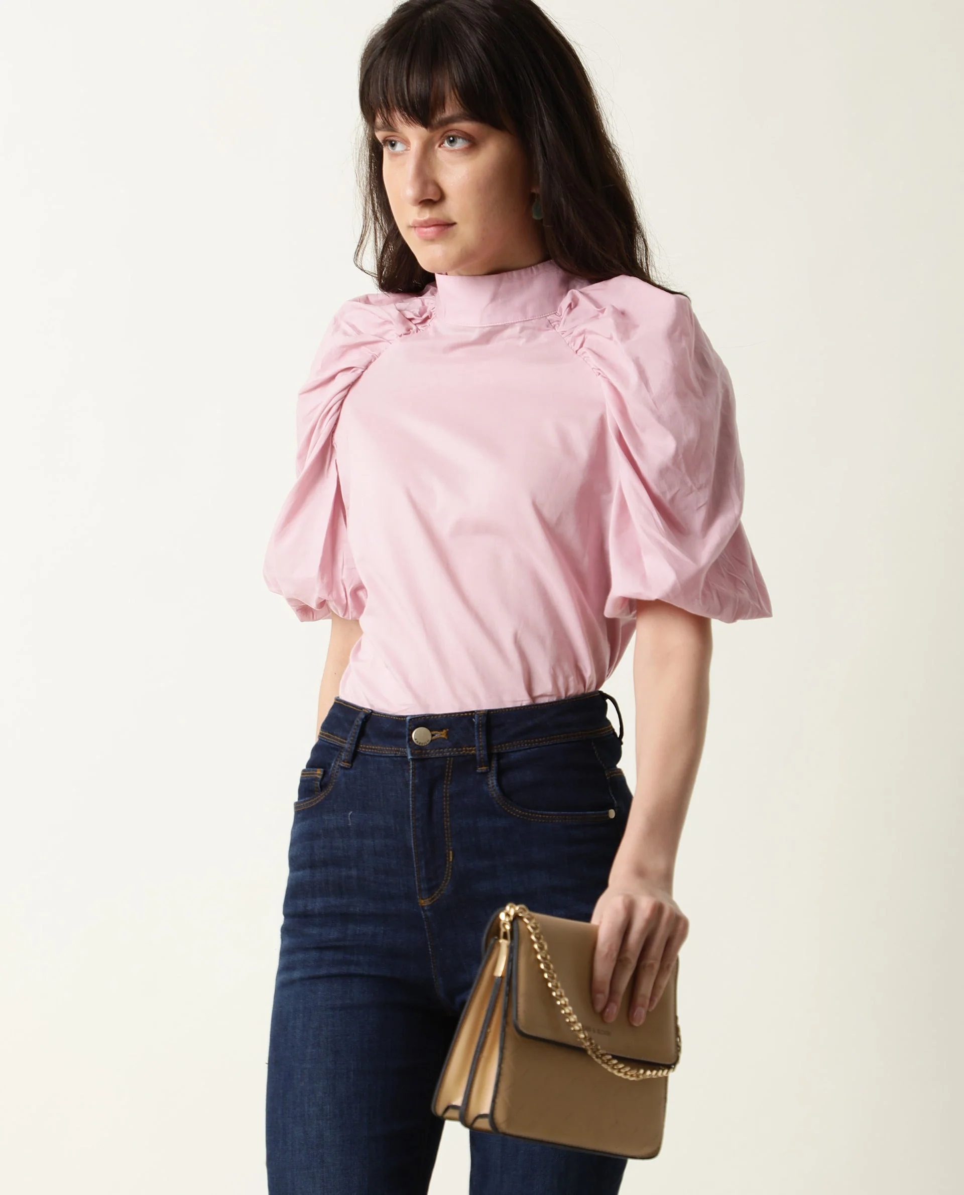 Rareism Womens Bobby Pink Top Cotton Fabric Half Sleeve High Neck - Image 2