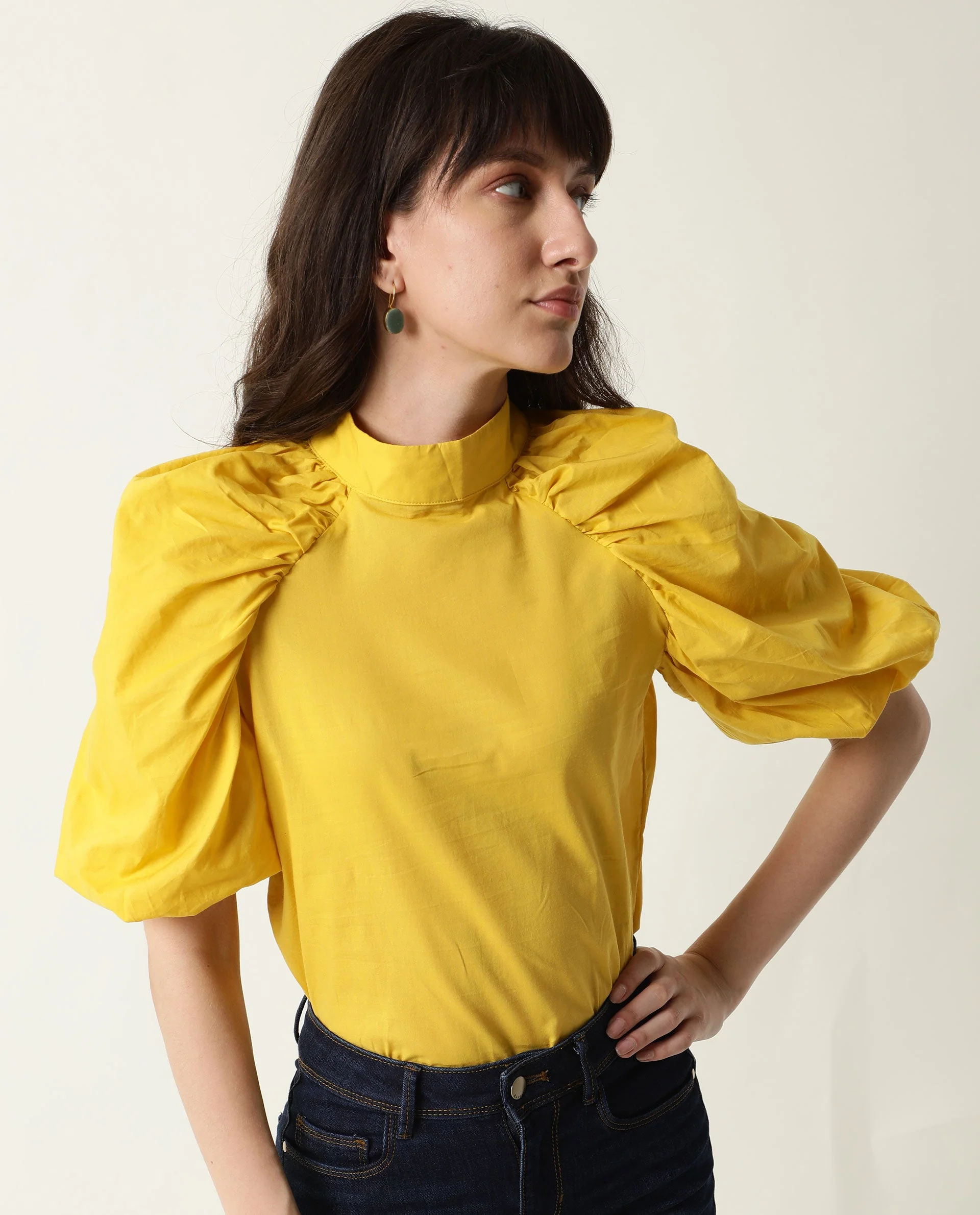 Rareism Womens Bobby Yellow Top Cotton Fabric Half Sleeve High Neck