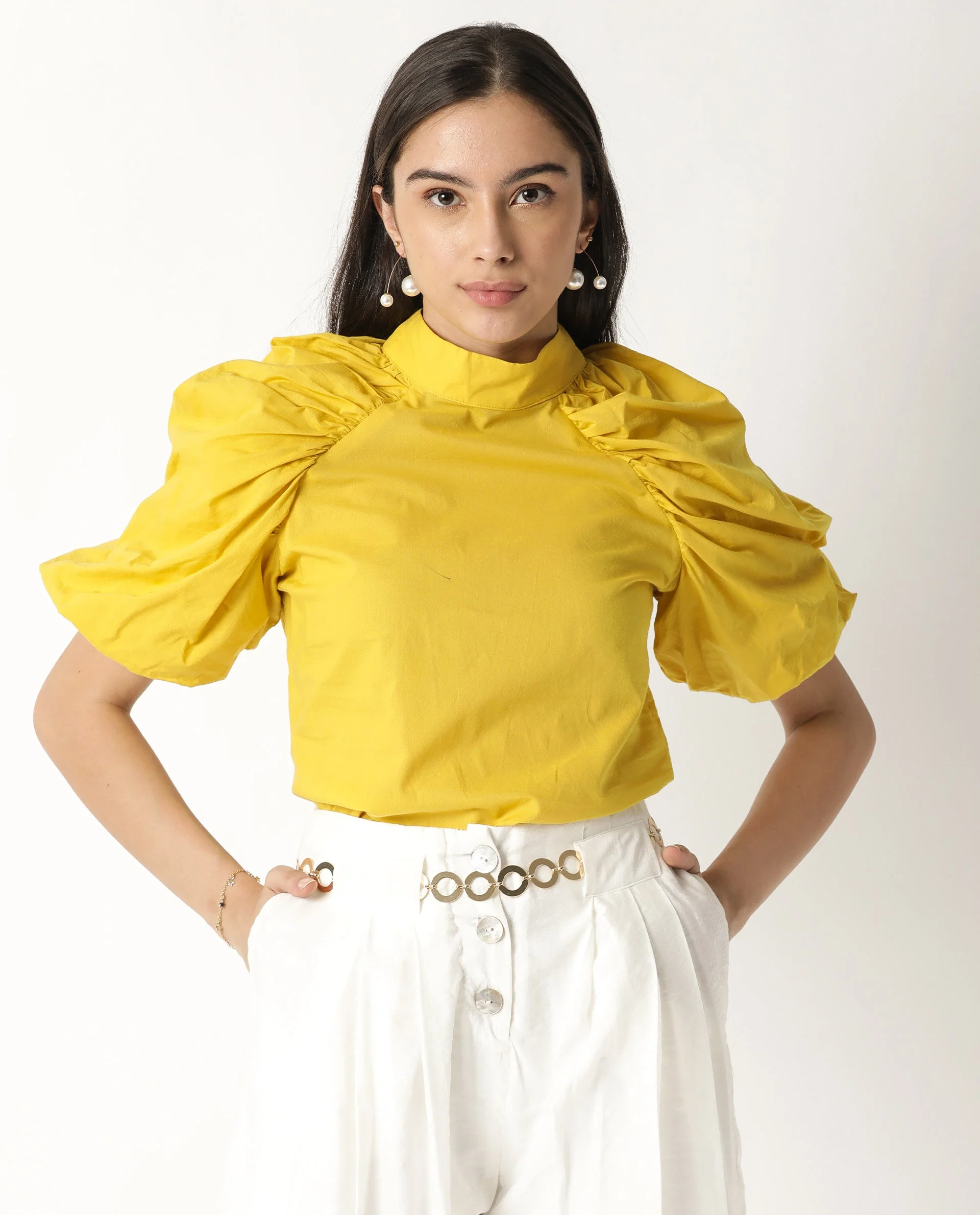 Rareism Womens Bobby Yellow Top Cotton Fabric Half Sleeve High Neck - Image 11