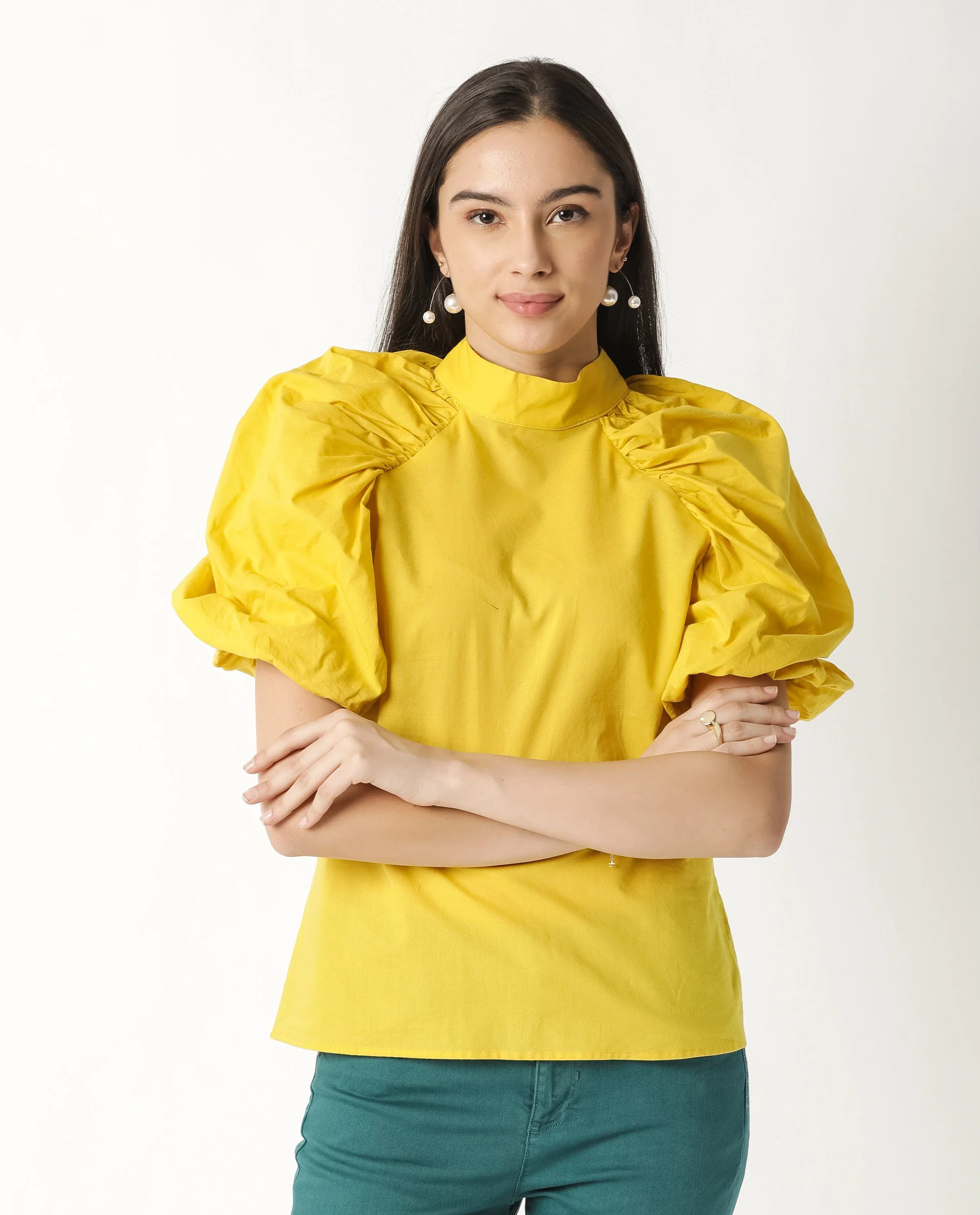 Rareism Womens Bobby Yellow Top Cotton Fabric Half Sleeve High Neck - Image 12
