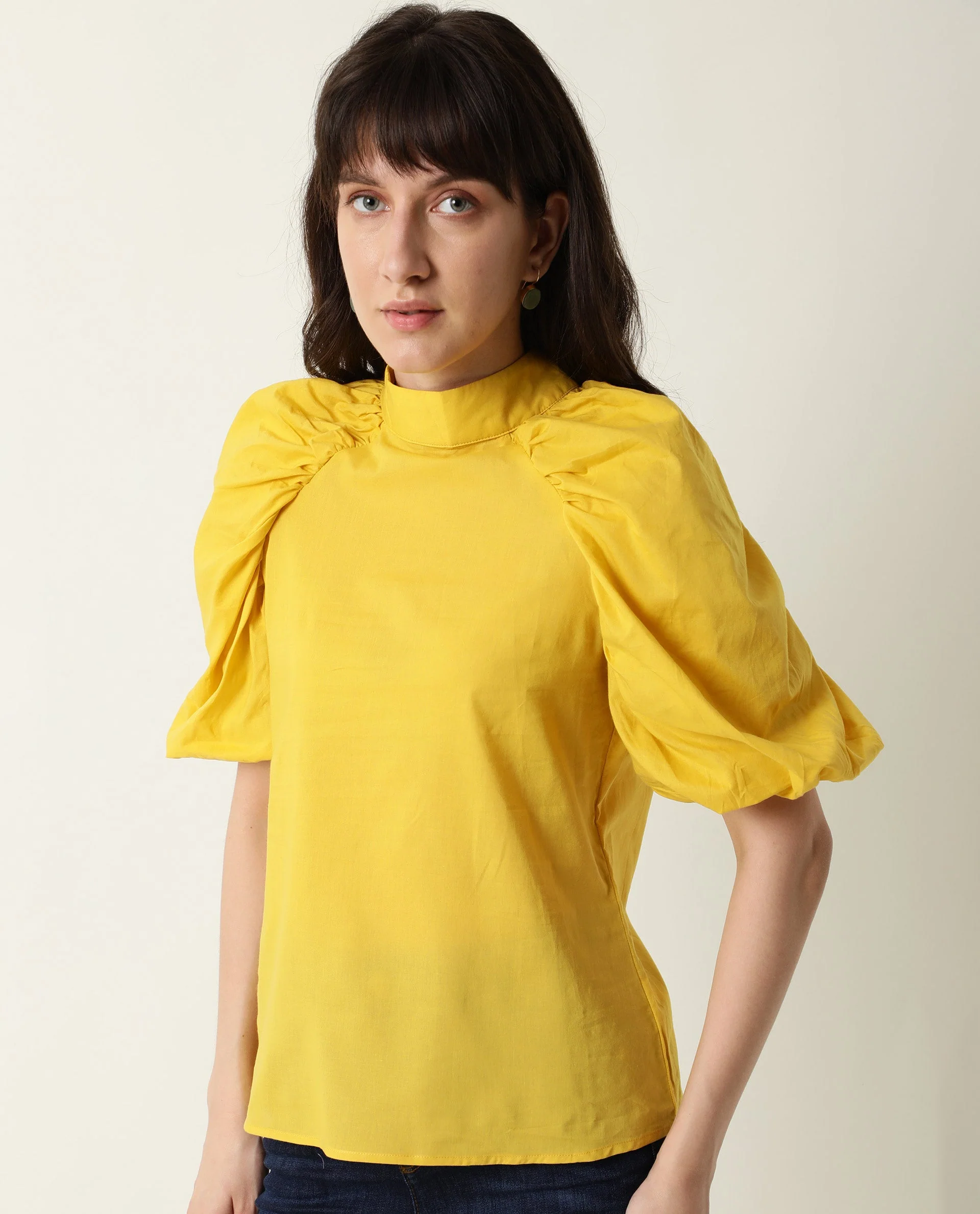 Rareism Womens Bobby Yellow Top Cotton Fabric Half Sleeve High Neck - Image 13