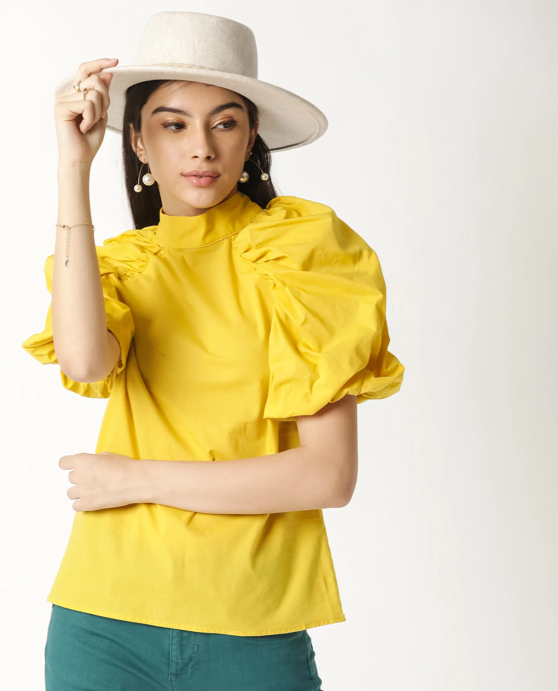 Rareism Womens Bobby Yellow Top Cotton Fabric Half Sleeve High Neck - Image 14