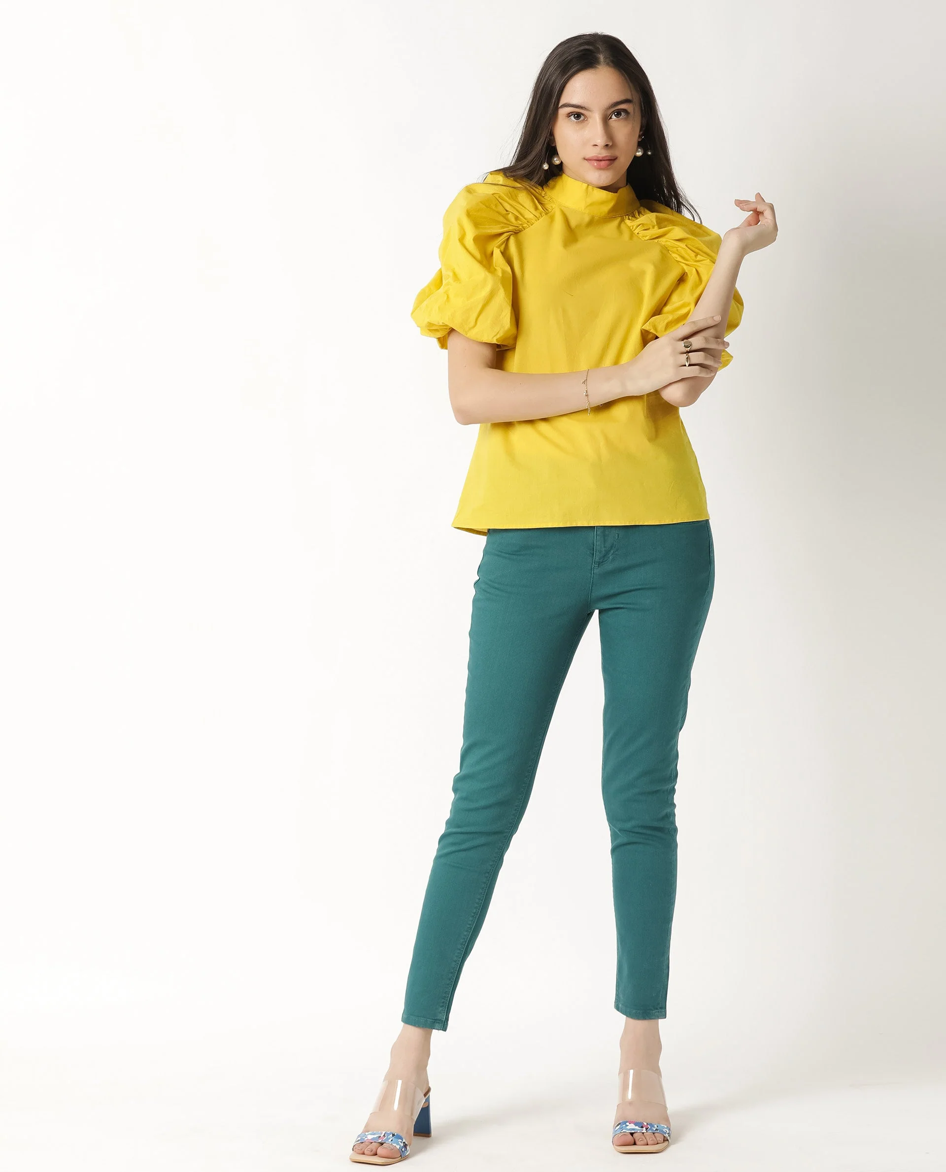 Rareism Womens Bobby Yellow Top Cotton Fabric Half Sleeve High Neck - Image 2