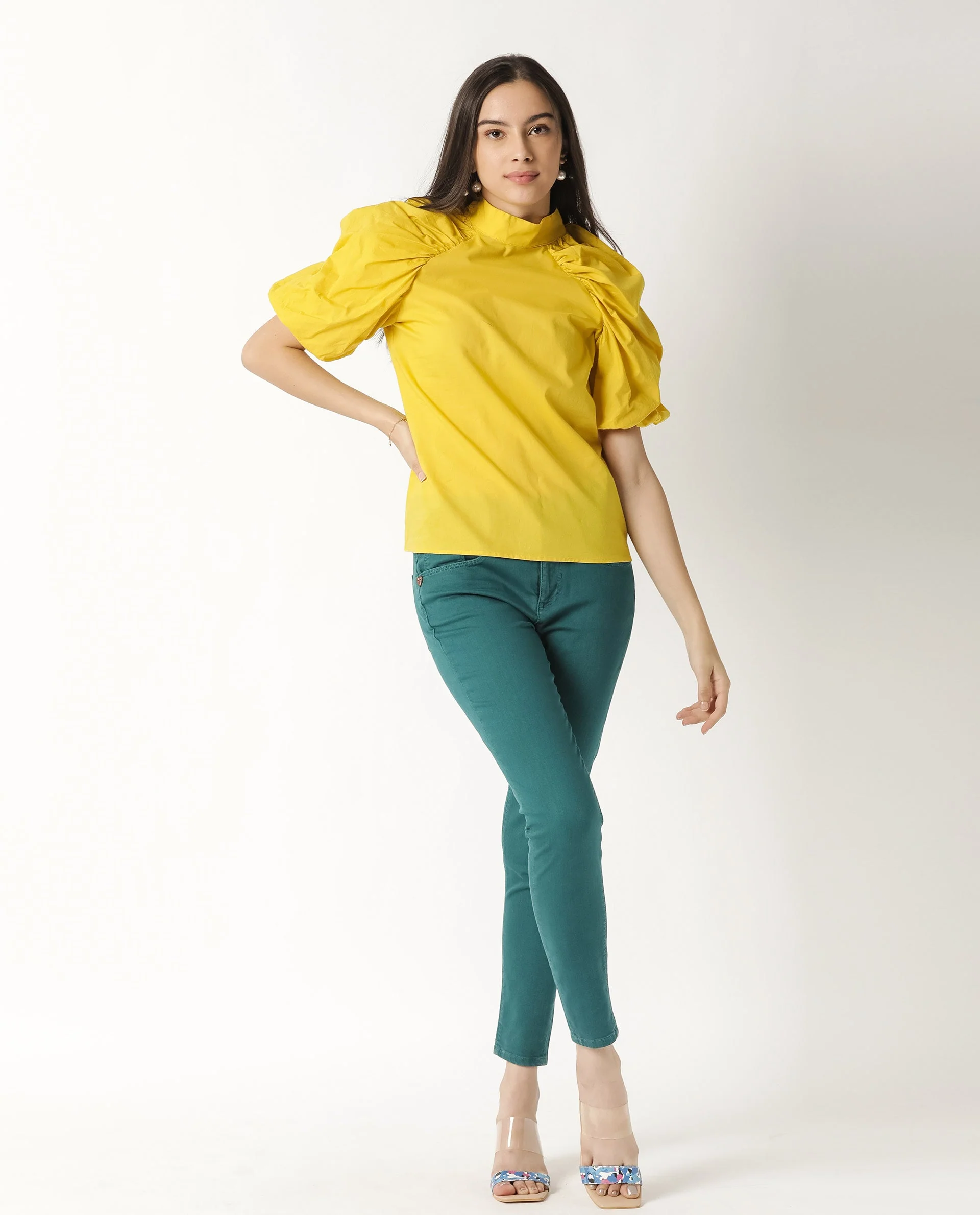 Rareism Womens Bobby Yellow Top Cotton Fabric Half Sleeve High Neck - Image 4