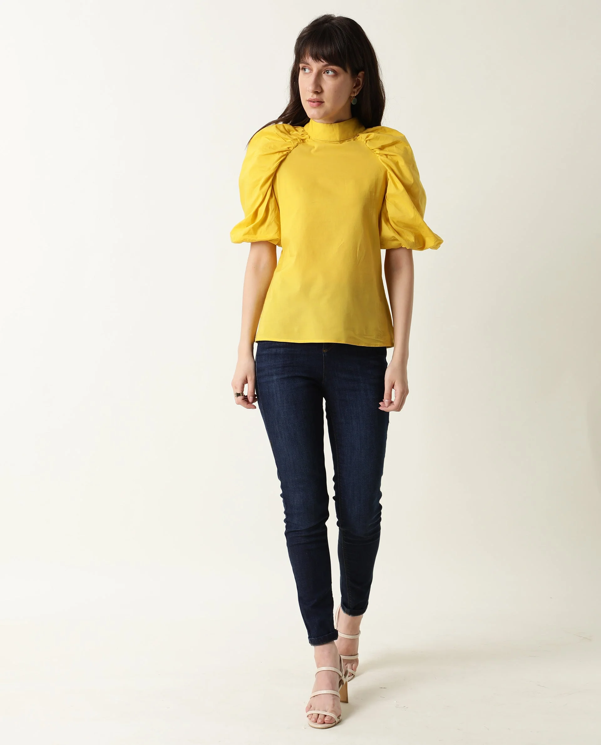 Rareism Womens Bobby Yellow Top Cotton Fabric Half Sleeve High Neck - Image 7