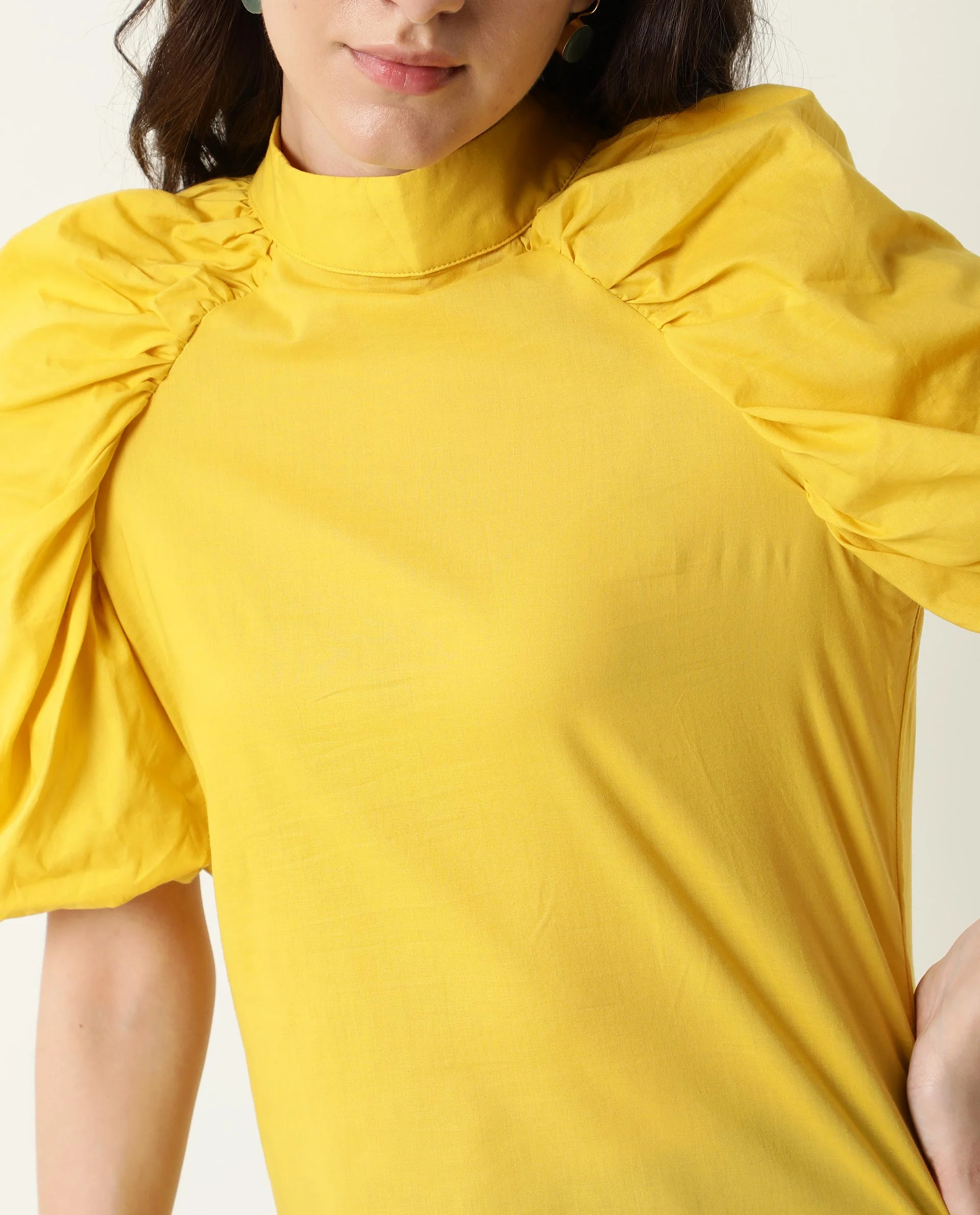 Rareism Womens Bobby Yellow Top Cotton Fabric Half Sleeve High Neck - Image 8