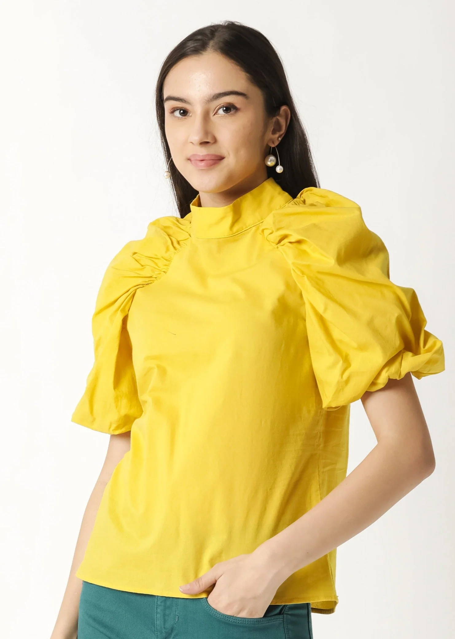 Rareism Womens Bobby Yellow Top Cotton Fabric Half Sleeve High Neck - Image 9