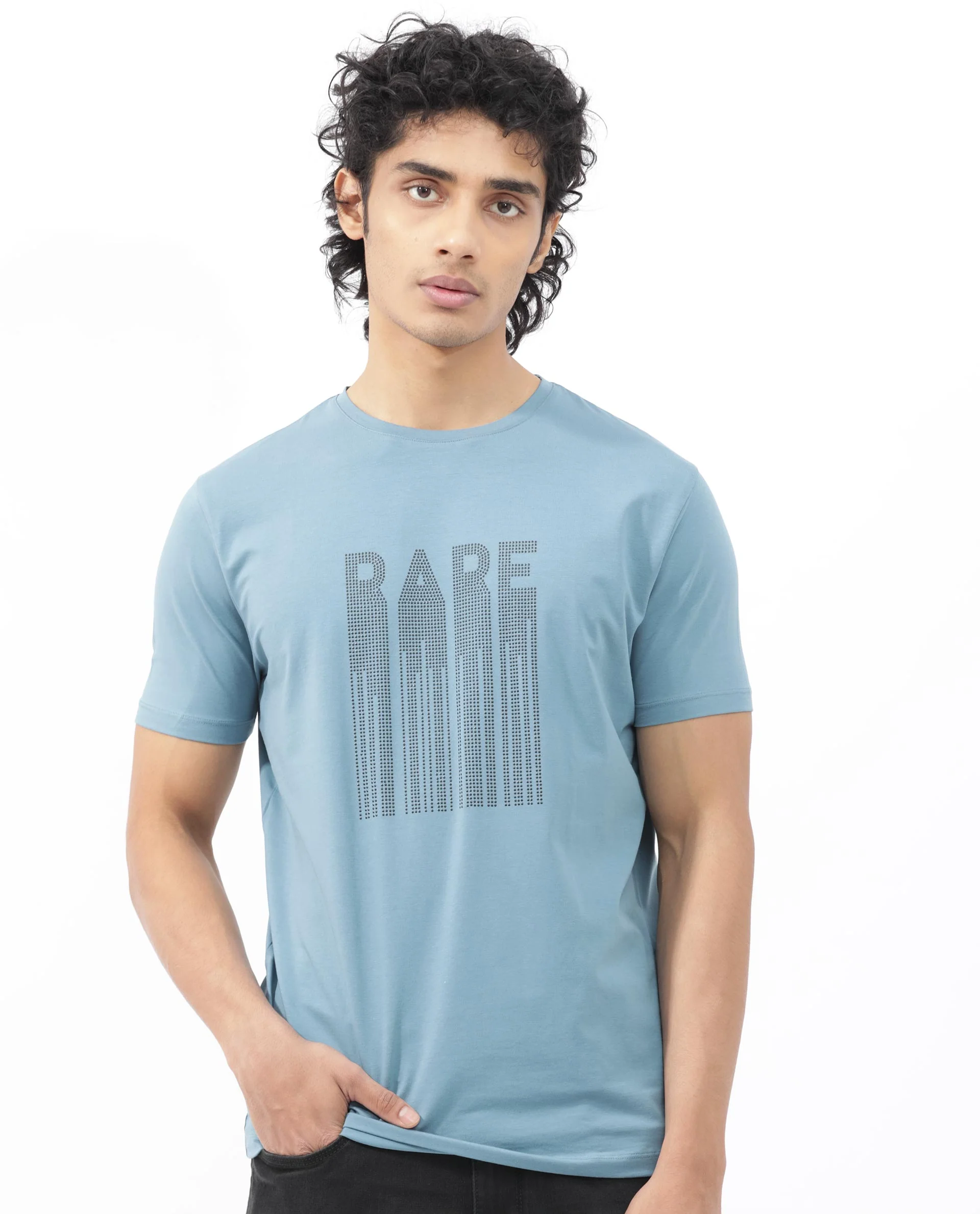 Rare Rabbit Men's Bocat Dusky Blue Cotton Blend Graphic Print Regular Fit Half Sleeve Crew Neck T-Shirt - Image 2