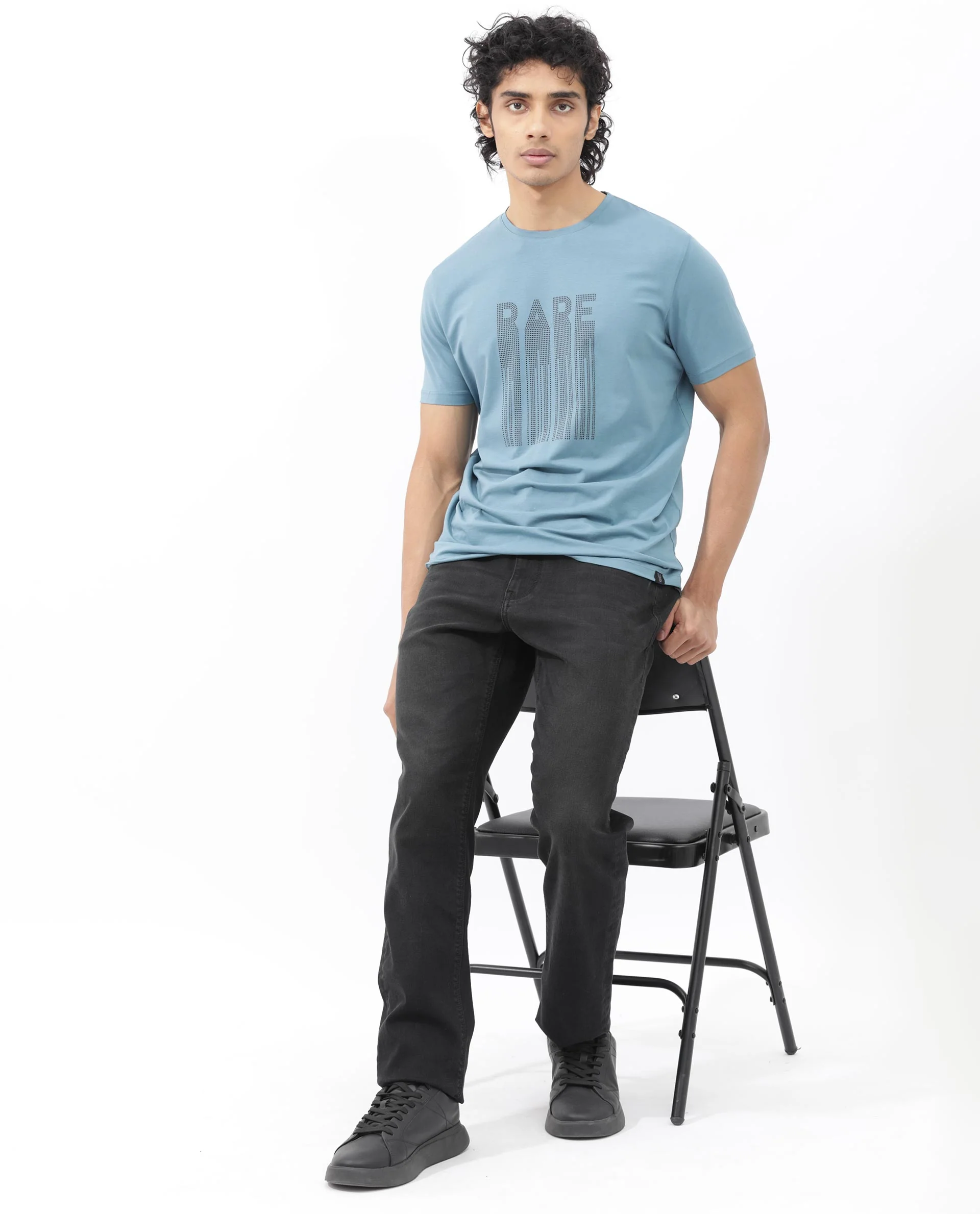 Rare Rabbit Men's Bocat Dusky Blue Cotton Blend Graphic Print Regular Fit Half Sleeve Crew Neck T-Shirt - Image 3