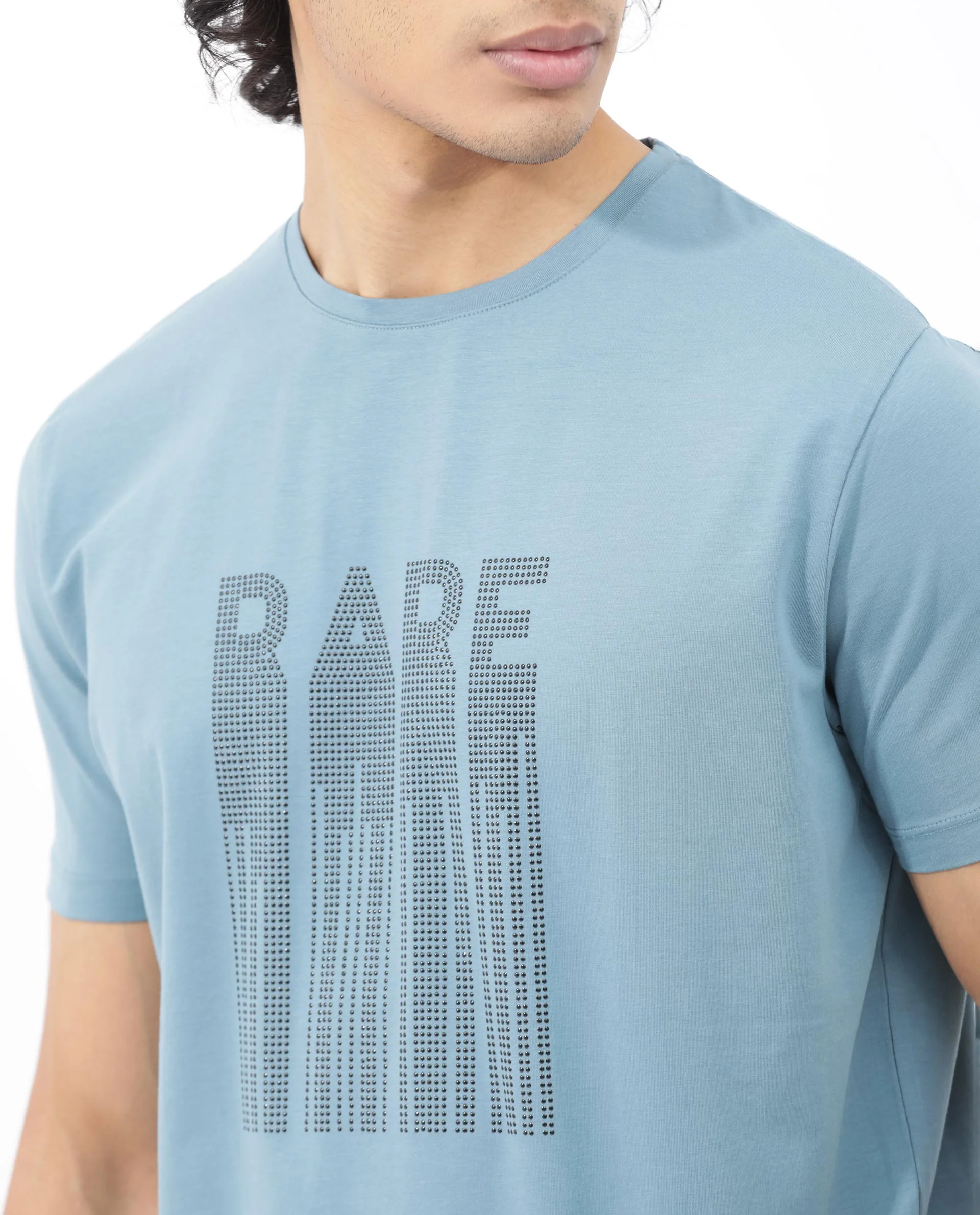Rare Rabbit Men's Bocat Dusky Blue Cotton Blend Graphic Print Regular Fit Half Sleeve Crew Neck T-Shirt - Image 4