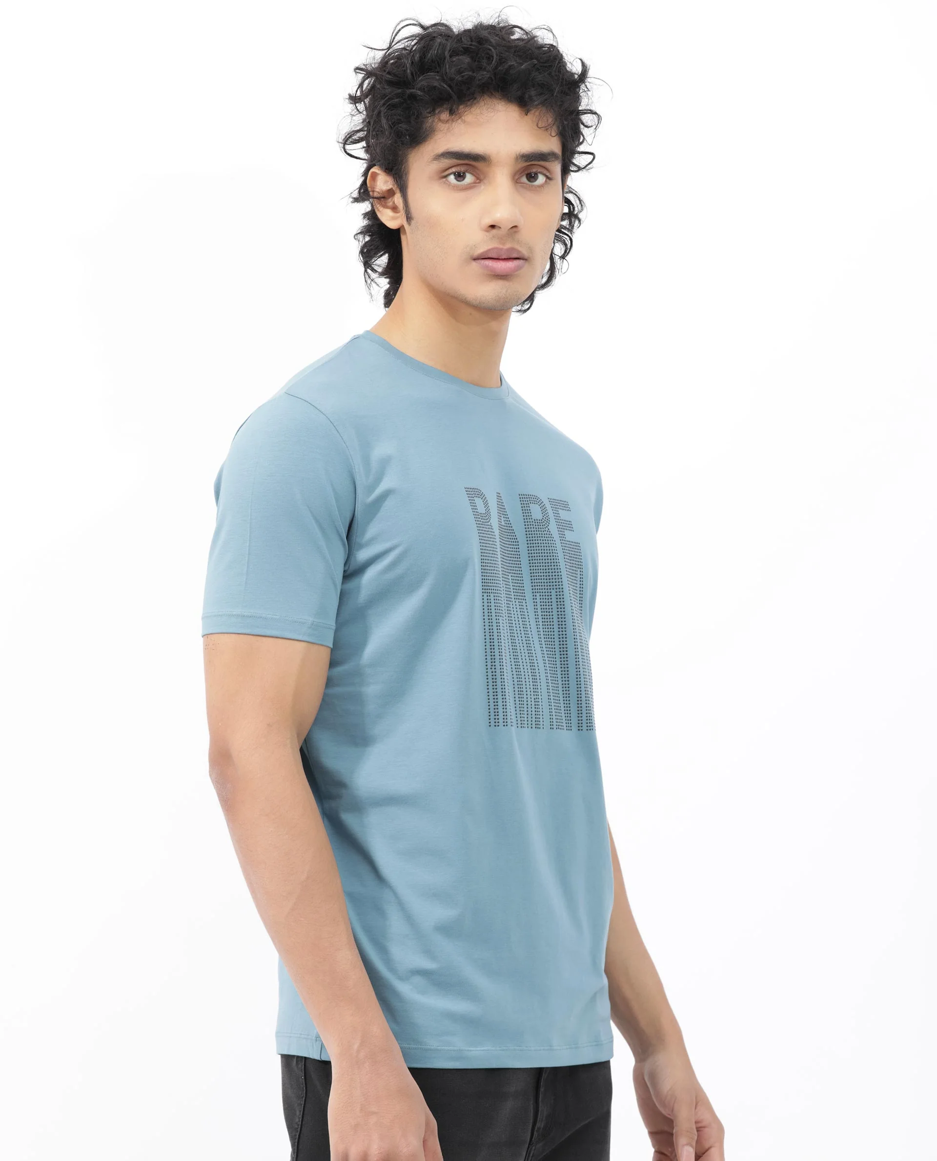 Rare Rabbit Men's Bocat Dusky Blue Cotton Blend Graphic Print Regular Fit Half Sleeve Crew Neck T-Shirt - Image 9