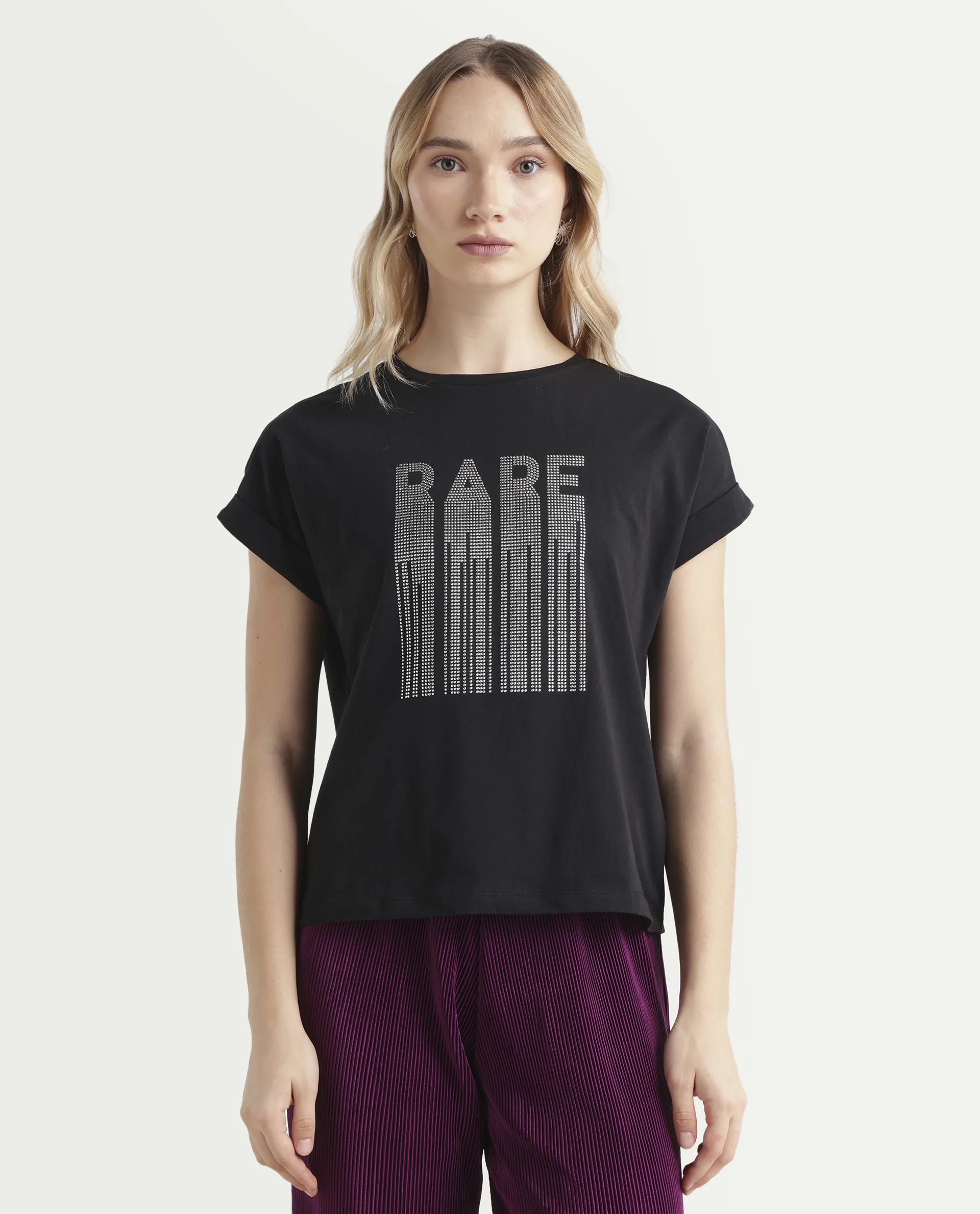 Rareism Women's Bocato Black Cotton Blend Crew Neck Graphic Print Extended Sleeves Regular Fit T-Shirt - Image 3