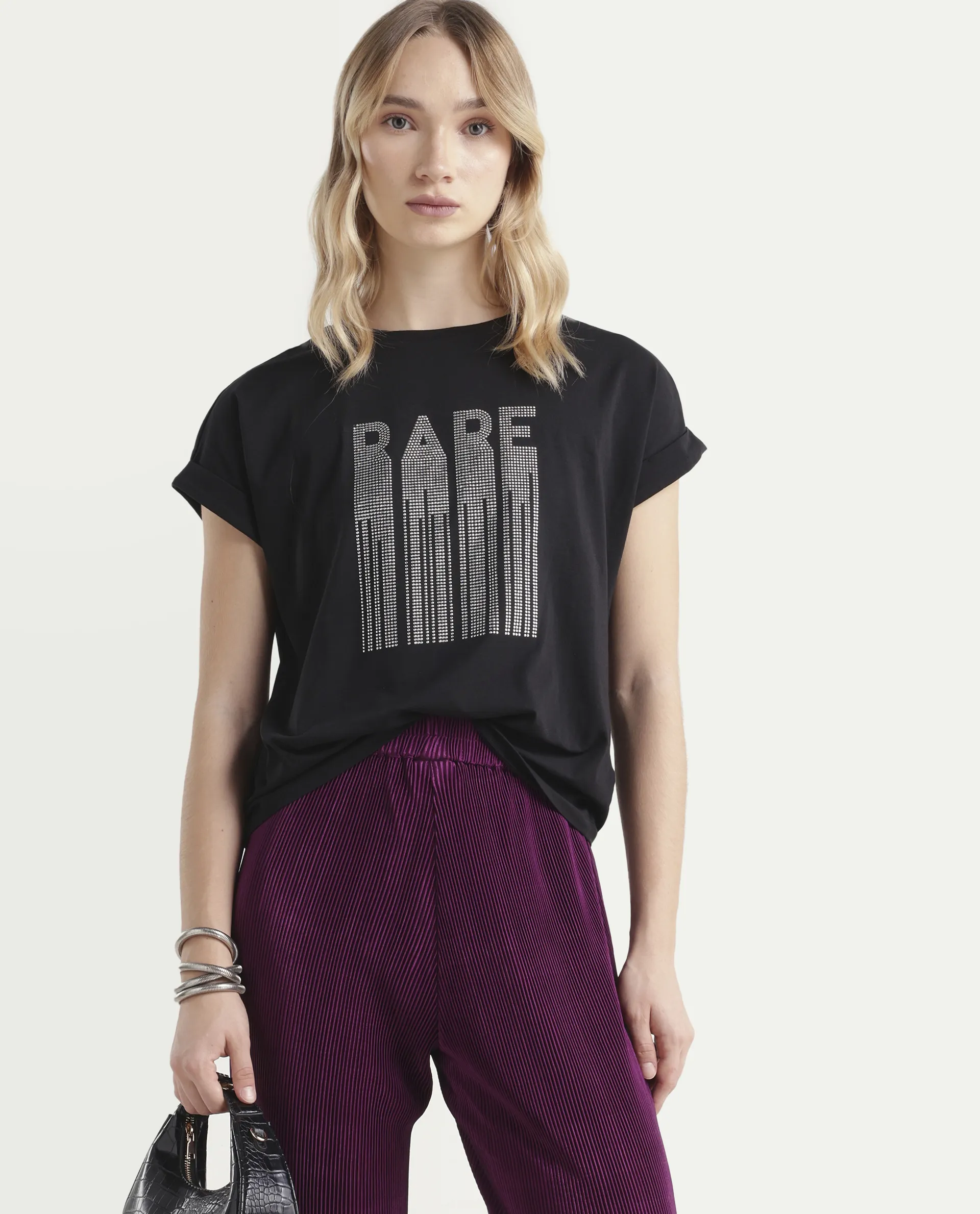 Rareism Women's Bocato Black Cotton Blend Crew Neck Graphic Print Extended Sleeves Regular Fit T-Shirt - Image 4