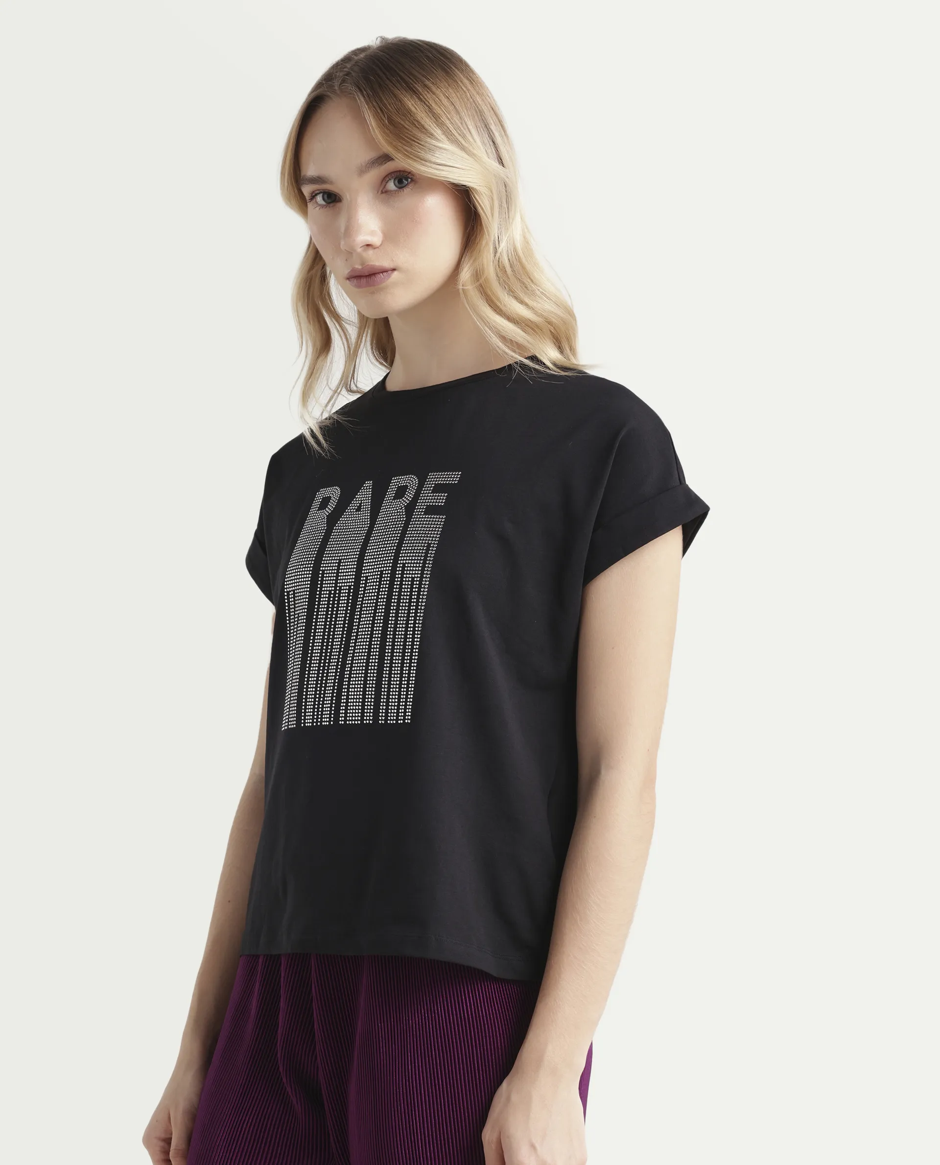 Rareism Women's Bocato Black Cotton Blend Crew Neck Graphic Print Extended Sleeves Regular Fit T-Shirt - Image 5