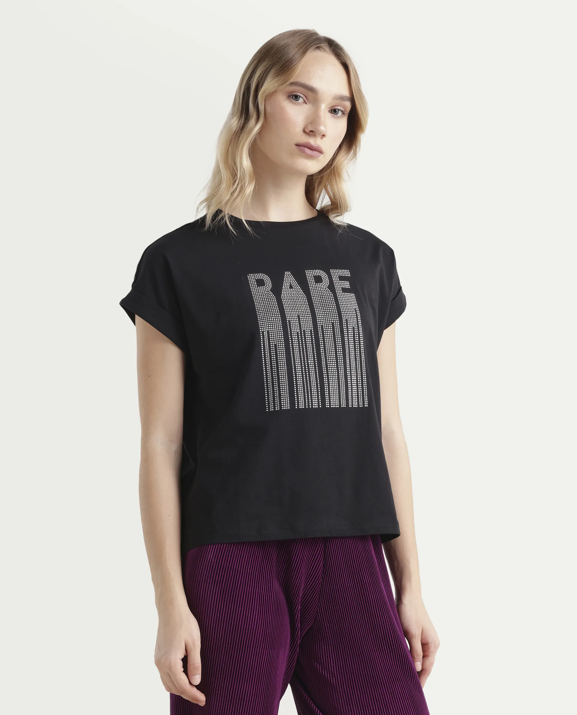 Rareism Women's Bocato Black Cotton Blend Crew Neck Graphic Print Extended Sleeves Regular Fit T-Shirt - Image 6