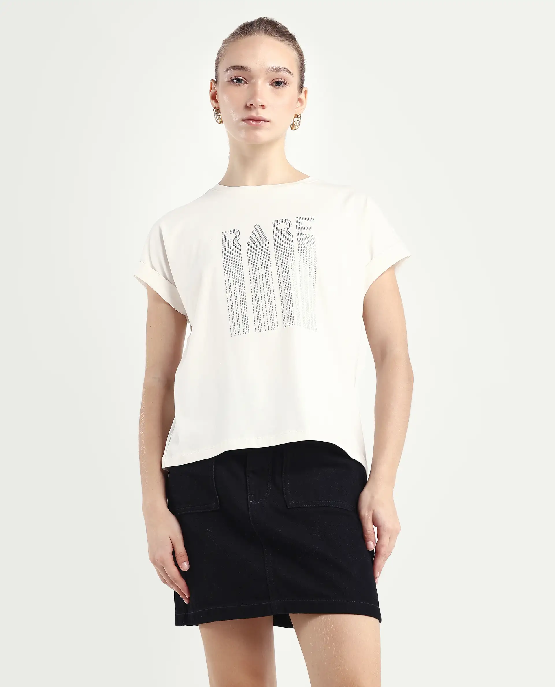 Rareism Women's Bocato Off White Cotton Blend Crew Neck Graphic Print Extended Sleeves Regular Fit T-Shirt - Image 3
