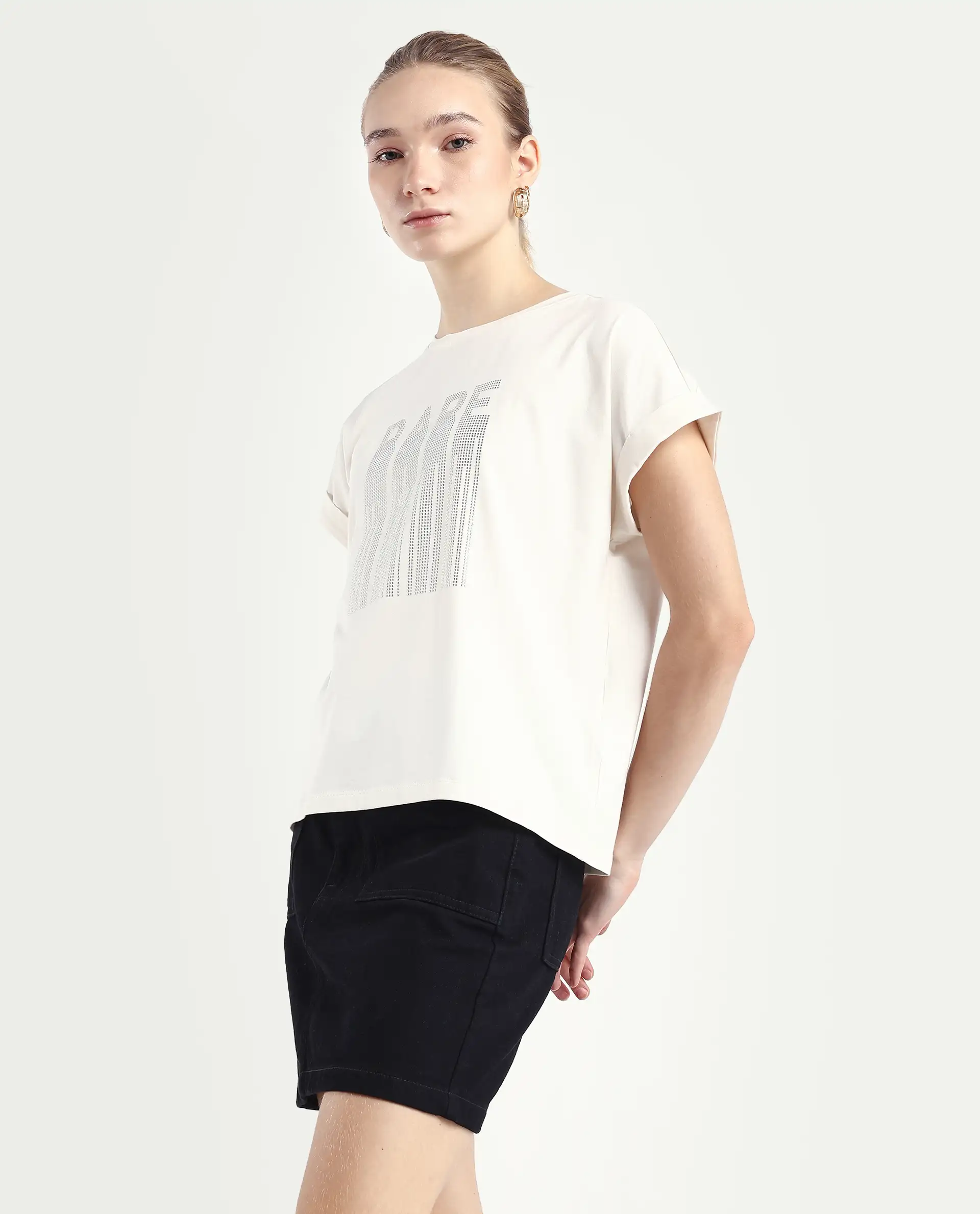 Rareism Women's Bocato Off White Cotton Blend Crew Neck Graphic Print Extended Sleeves Regular Fit T-Shirt - Image 5